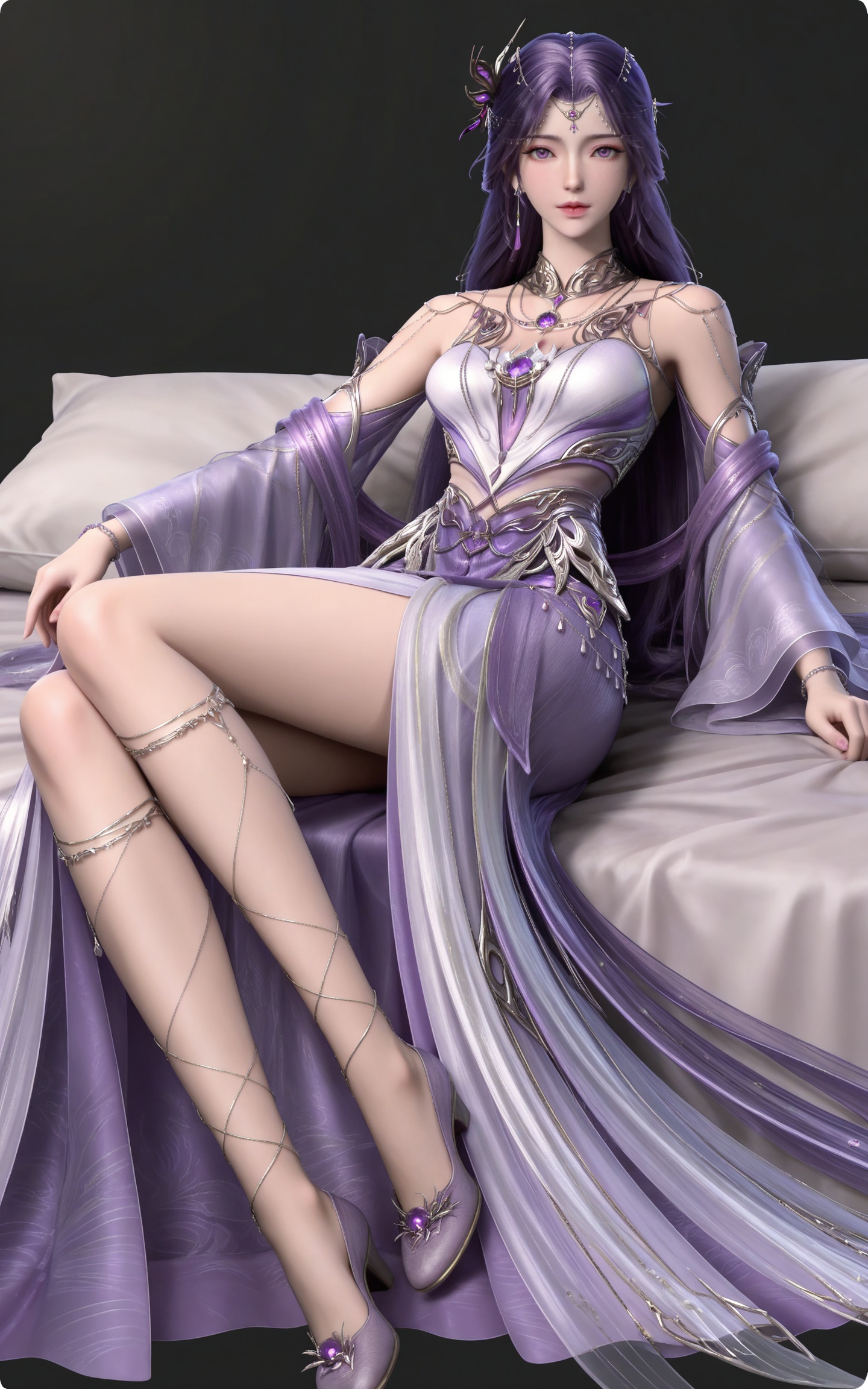 masterpiece,high quality,tall,game cg,highres,(soft light:1.2),(white_skin:0.6),(shiny_skin:0.6),(realistic:1.1),
purple hair,long hair,purple eyes,forehead_jewel,hair_ornament,earrings,necklace,gem,bare shoulders,detached_sleeves,long_sleeves,yunxi purple dress,1girl,solo,jewelry,high_heels,legs,long legs,
black_background,simple background,outdoor,looking at viewer,lying,bed