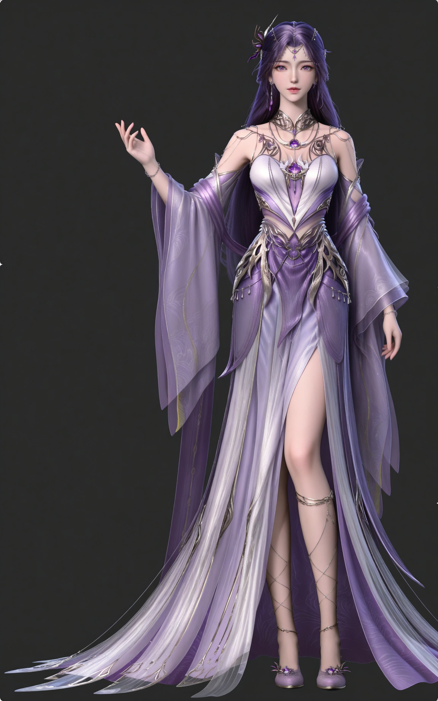 masterpiece,high quality,tall,game cg,highres,(soft light:1.2),(white_skin:0.6),(shiny_skin:0.6),(realistic:1.1),
purple hair,long hair,purple eyes,forehead_jewel,hair_ornament,earrings,necklace,gem,bare shoulders,detached_sleeves,long_sleeves,yunxi purple dress,1girl,solo,jewelry,high_heels,standing,legs,long legs,
black_background,simple background,outdoor,looking at viewer