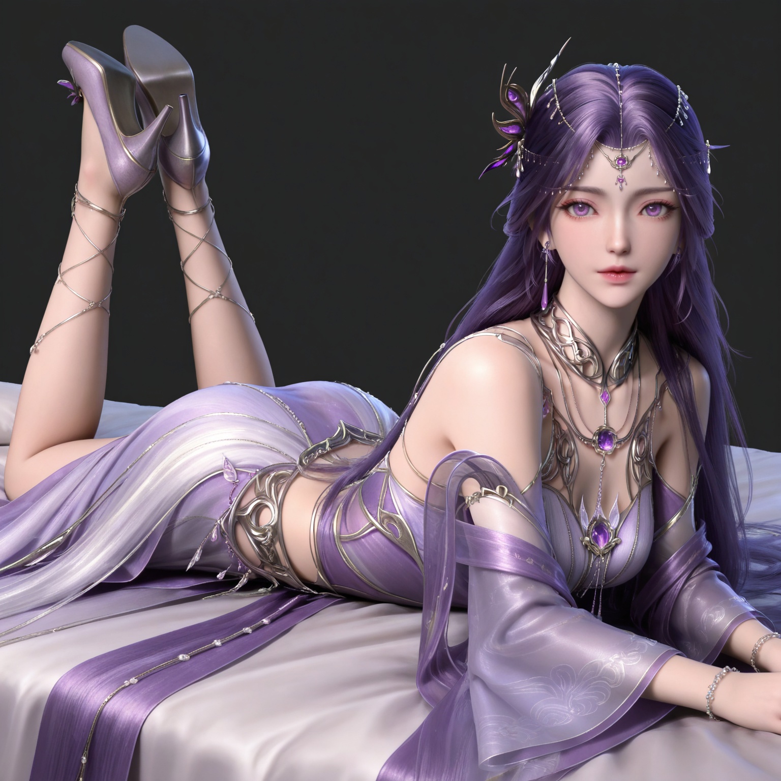 masterpiece,high quality,tall,game cg,highres,(soft light:1.2),(white_skin:0.6),(shiny_skin:0.6),(realistic:1.1),
purple hair,long hair,purple eyes,forehead_jewel,hair_ornament,earrings,necklace,gem,bare shoulders,detached_sleeves,long_sleeves,yunxi purple dress,1girl,solo,jewelry,high_heels,legs,long legs,
black_background,simple background,outdoor,looking at viewer,on stomach,feet up,bed,
