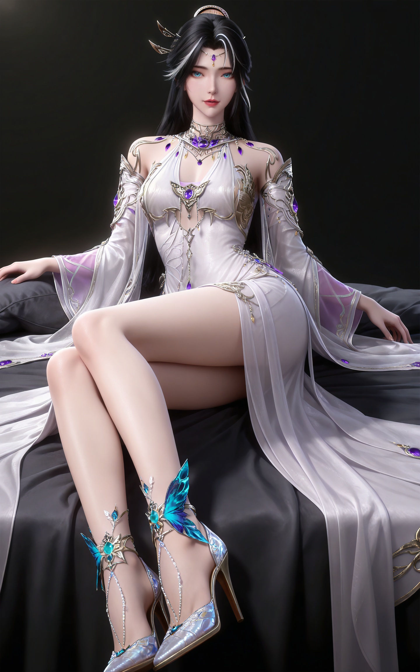 masterpiece,high quality,tall,game cg,highres,(soft light:1.2),(white_skin:0.6),(shiny_skin:0.6),(realistic:1.1),
black hair,long hair,blue eyes,single hair bun,multicolored hair,white hair,forehead_jewel,hair_ornament,necklace,bare shoulders,gem,monv white dress,1girl,solo,jewelry,high_heels,legs,long legs,
black_background,simple background,outdoor,looking at viewer,upper body,lying,bed,