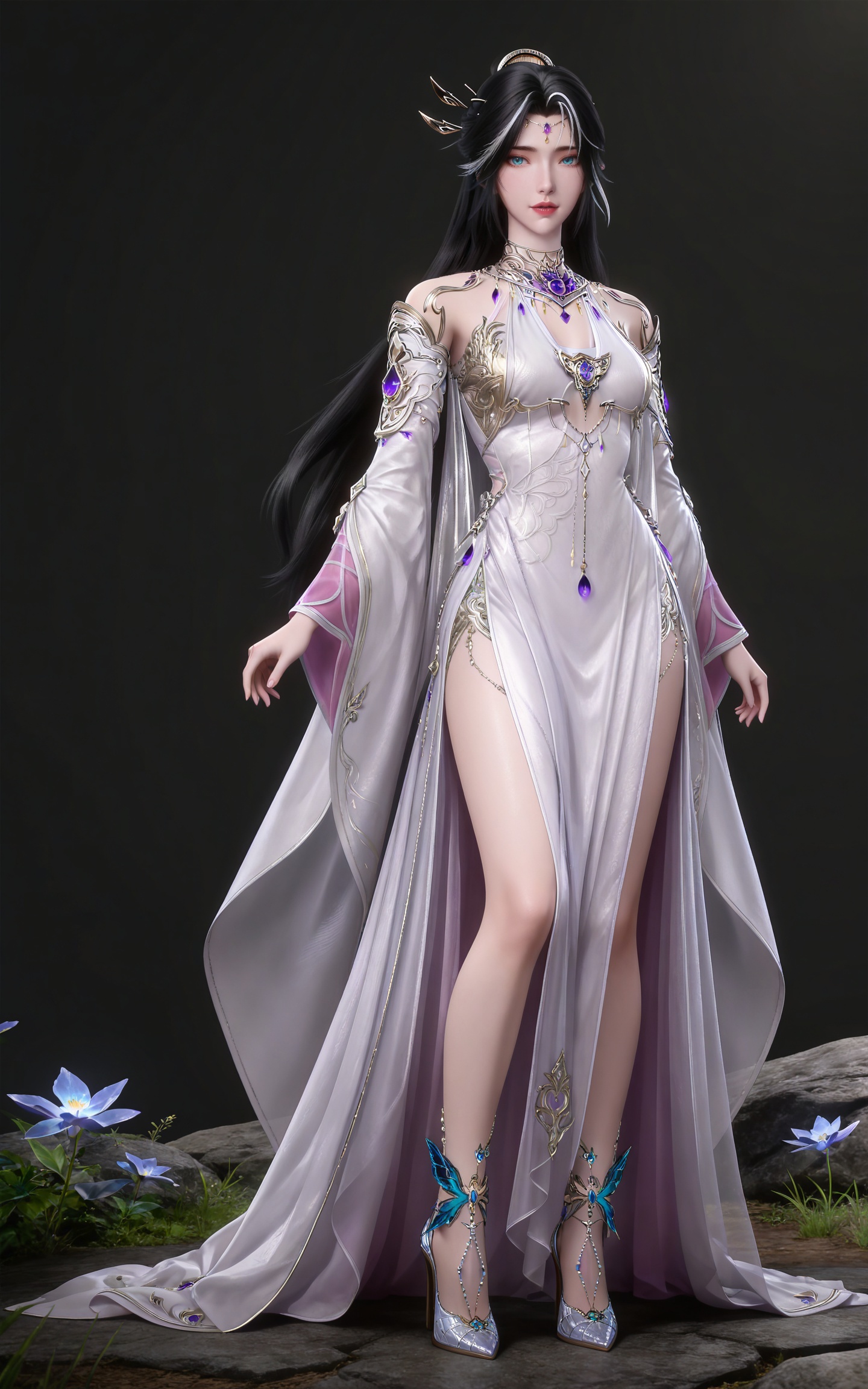 masterpiece,high quality,tall,game cg,highres,(soft light:1.2),(white_skin:0.6),(shiny_skin:0.6),(realistic:1.1),
black hair,long hair,blue eyes,single hair bun,multicolored hair,white hair,forehead_jewel,hair_ornament,necklace,bare shoulders,gem,monv white dress,1girl,solo,jewelry,high_heels,
black_background,simple background,outdoor,looking at viewer,upper body,standing,