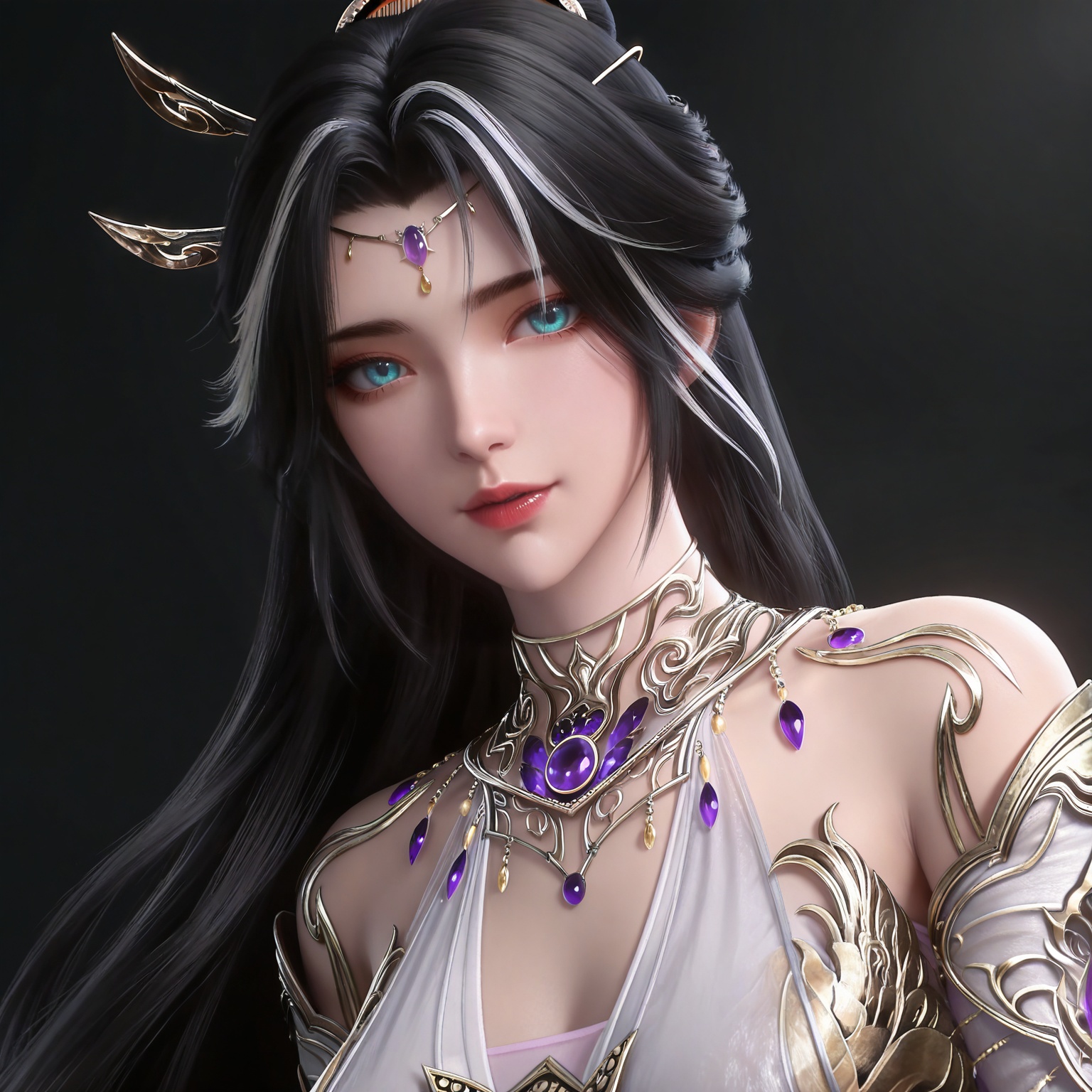 masterpiece,high quality,tall,game cg,highres,(soft light:1.2),(white_skin:0.6),(shiny_skin:0.6),(realistic:1.1),
black hair,long hair,blue eyes,single hair bun,multicolored hair,white hair,forehead_jewel,hair_ornament,necklace,bare shoulders,gem,monv white dress,1girl,solo,jewelry,upper body,
black_background,simple background,outdoor,looking at viewer,upper body,