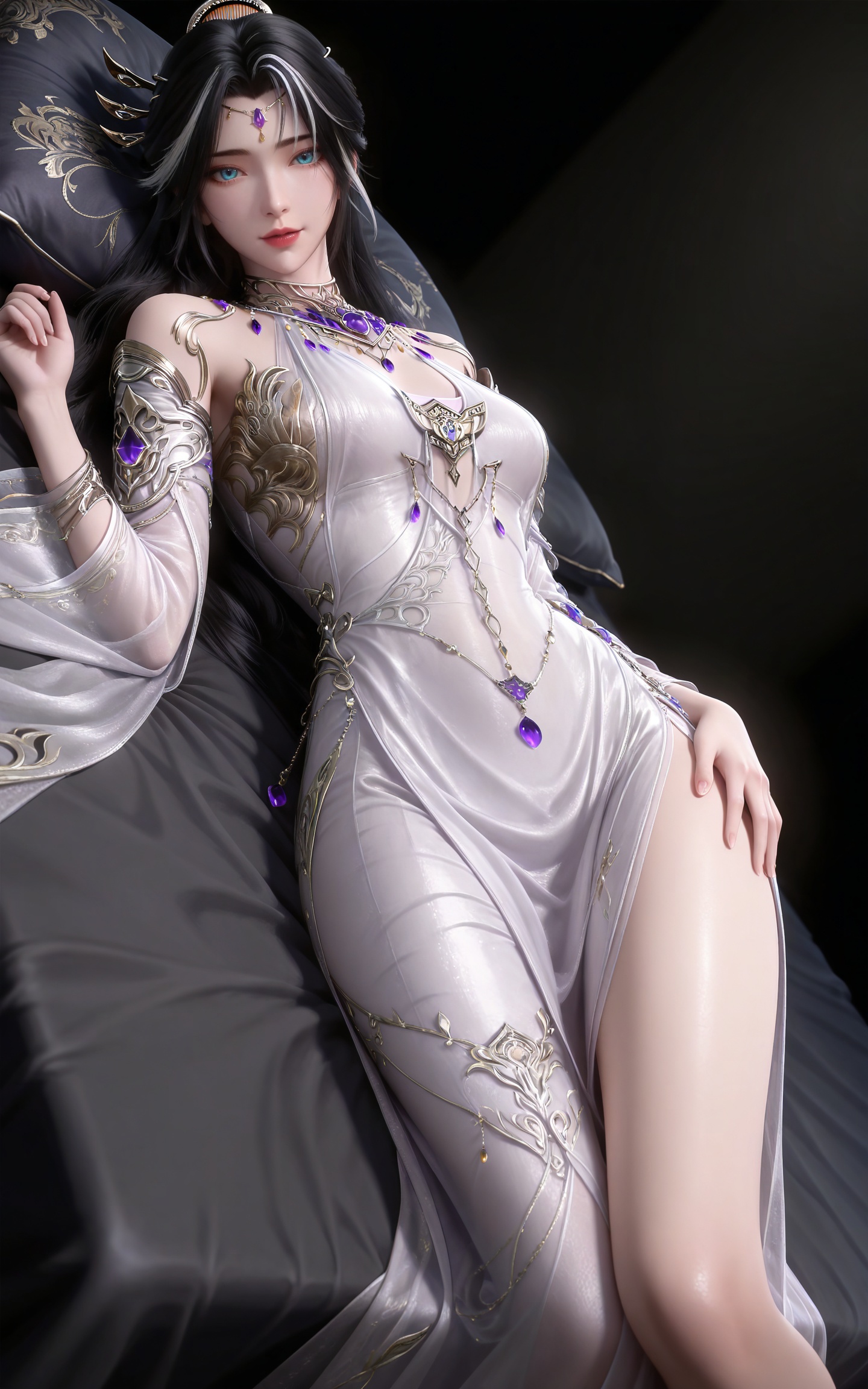 masterpiece,high quality,tall,game cg,highres,(soft light:1.2),(white_skin:0.6),(shiny_skin:0.6),(realistic:1.1),
black hair,long hair,blue eyes,single hair bun,multicolored hair,white hair,forehead_jewel,hair_ornament,necklace,bare shoulders,gem,monv white dress,1girl,solo,jewelry,high_heels,
black_background,simple background,outdoor,looking at viewer,upper body,lying,bed,