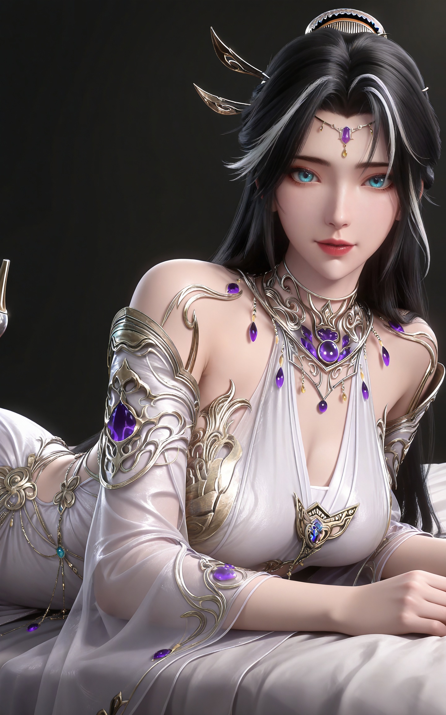 masterpiece,high quality,tall,game cg,highres,(soft light:1.2),(white_skin:0.6),(shiny_skin:0.6),(realistic:1.1),
black hair,long hair,blue eyes,single hair bun,multicolored hair,white hair,forehead_jewel,hair_ornament,necklace,bare shoulders,gem,monv white dress,1girl,solo,jewelry,high_heels,
black_background,simple background,outdoor,looking at viewer,upper body,lying,bed,