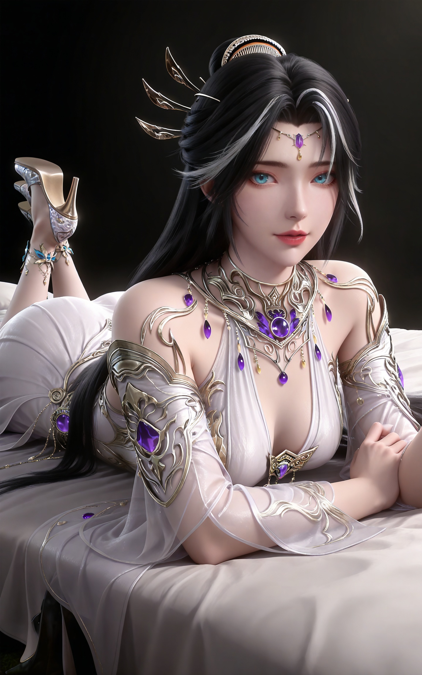 masterpiece,high quality,tall,game cg,highres,(soft light:1.2),(white_skin:0.6),(shiny_skin:0.6),(realistic:1.1),
black hair,long hair,blue eyes,single hair bun,multicolored hair,white hair,forehead_jewel,hair_ornament,necklace,bare shoulders,gem,monv white dress,1girl,solo,jewelry,high_heels,
black_background,simple background,outdoor,looking at viewer,upper body,lying,bed,