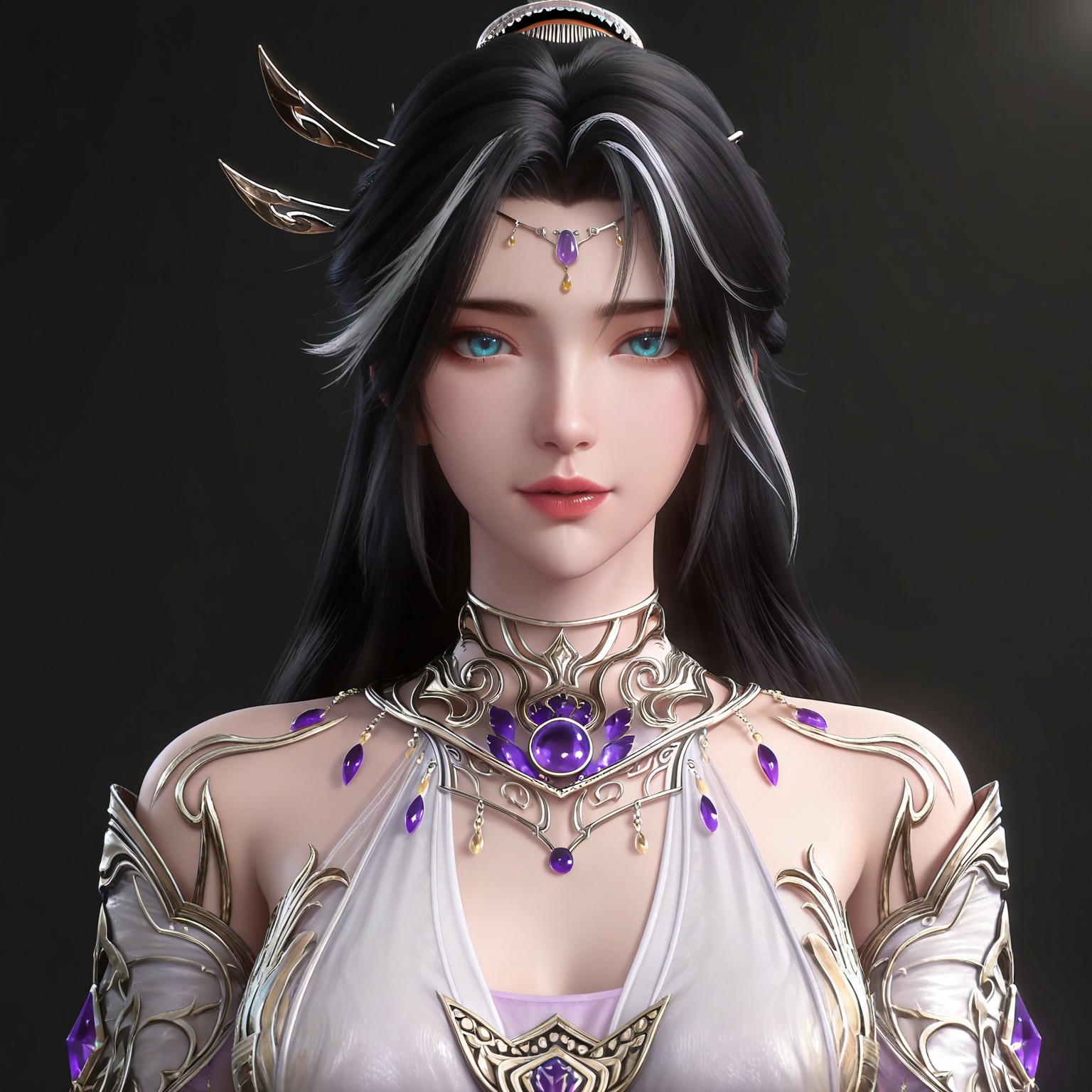 masterpiece,high quality,tall,game cg,highres,(soft light:1.2),(white_skin:0.6),(shiny_skin:0.6),(realistic:1.1),
black hair,long hair,blue eyes,single hair bun,multicolored hair,white hair,forehead_jewel,hair_ornament,necklace,bare shoulders,gem,monv white dress,1girl,solo,jewelry,upper body,
black_background,simple background,outdoor,looking at viewer,upper body,