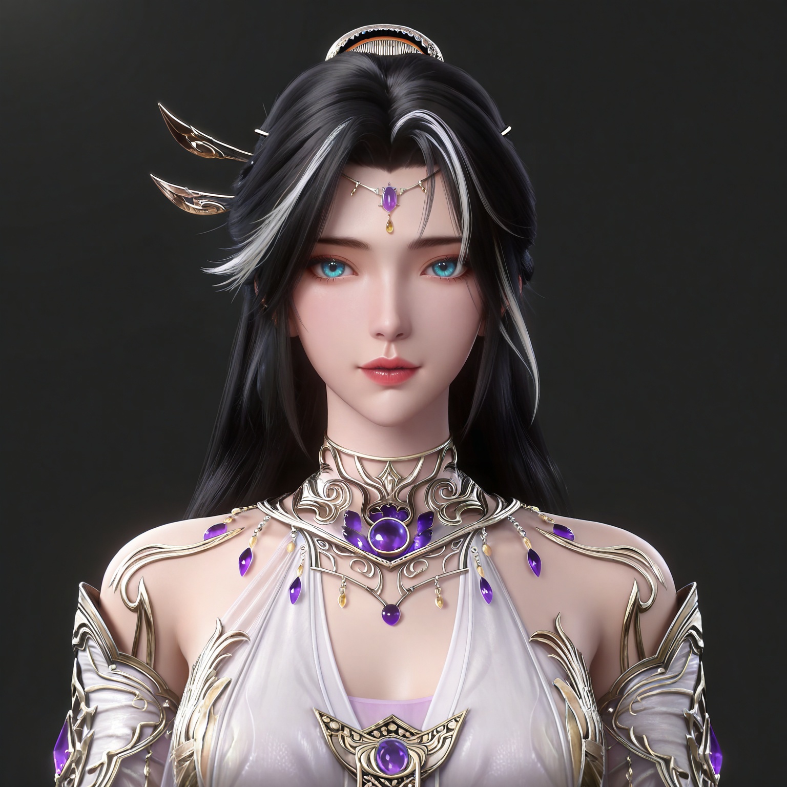 masterpiece,high quality,tall,game cg,highres,(soft light:1.2),(white_skin:0.6),(shiny_skin:0.6),(realistic:1.1),
black hair,long hair,blue eyes,single hair bun,multicolored hair,white hair,forehead_jewel,hair_ornament,necklace,bare shoulders,gem,monv white dress,1girl,solo,jewelry,upper body,
black_background,simple background,outdoor,looking at viewer,upper body,