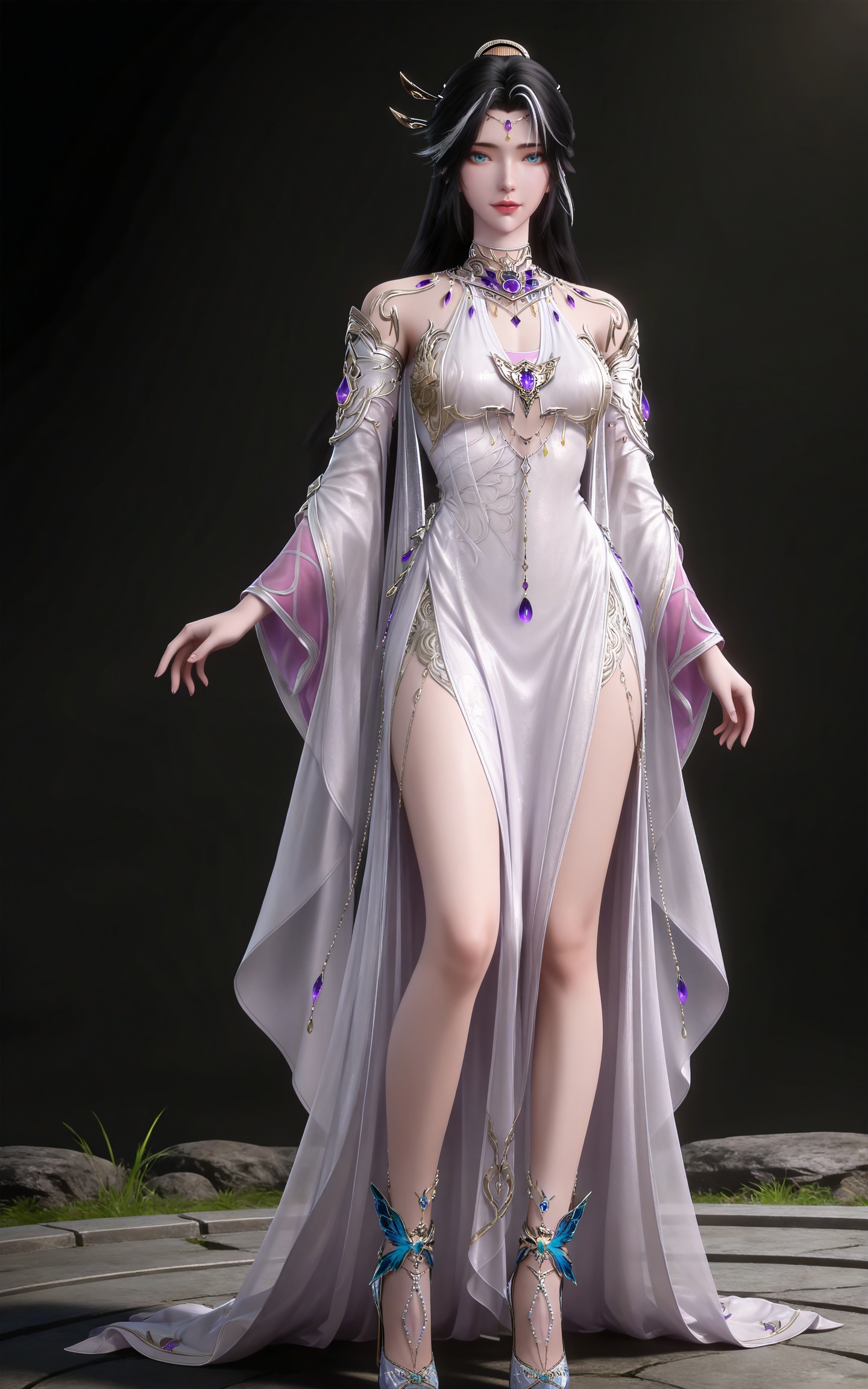 masterpiece,high quality,tall,game cg,highres,(soft light:1.2),(white_skin:0.6),(shiny_skin:0.6),(realistic:1.1),
black hair,long hair,blue eyes,single hair bun,multicolored hair,white hair,forehead_jewel,hair_ornament,necklace,bare shoulders,gem,monv white dress,1girl,solo,jewelry,high_heels,legs,long legs,
black_background,simple background,outdoor,looking at viewer,upper body,standing,