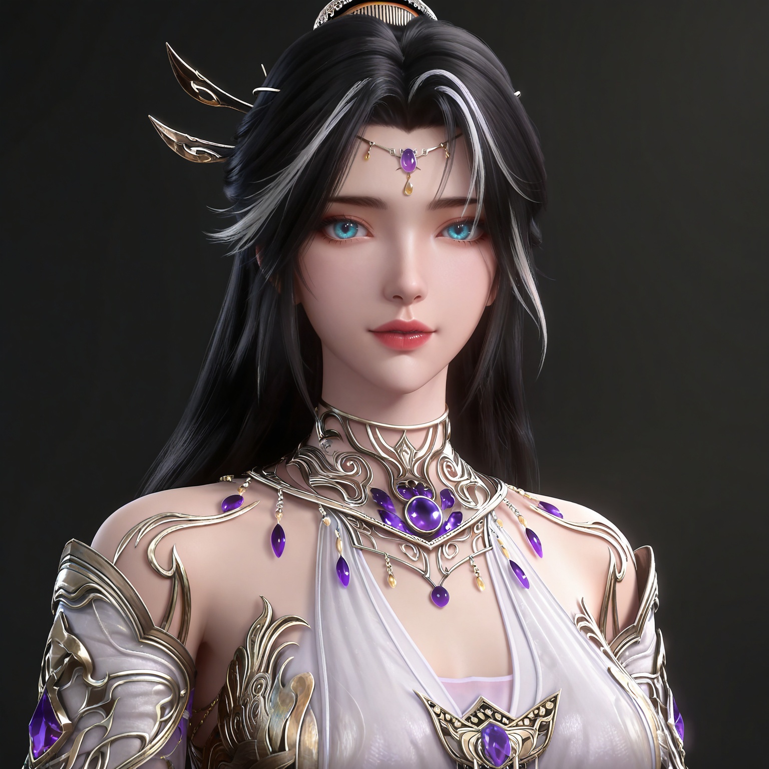masterpiece,high quality,tall,game cg,highres,(soft light:1.2),(white_skin:0.6),(shiny_skin:0.6),(realistic:1.1),
black hair,long hair,blue eyes,single hair bun,multicolored hair,white hair,forehead_jewel,hair_ornament,necklace,bare shoulders,gem,monv white dress,1girl,solo,jewelry,upper body,
black_background,simple background,outdoor,looking at viewer,upper body,