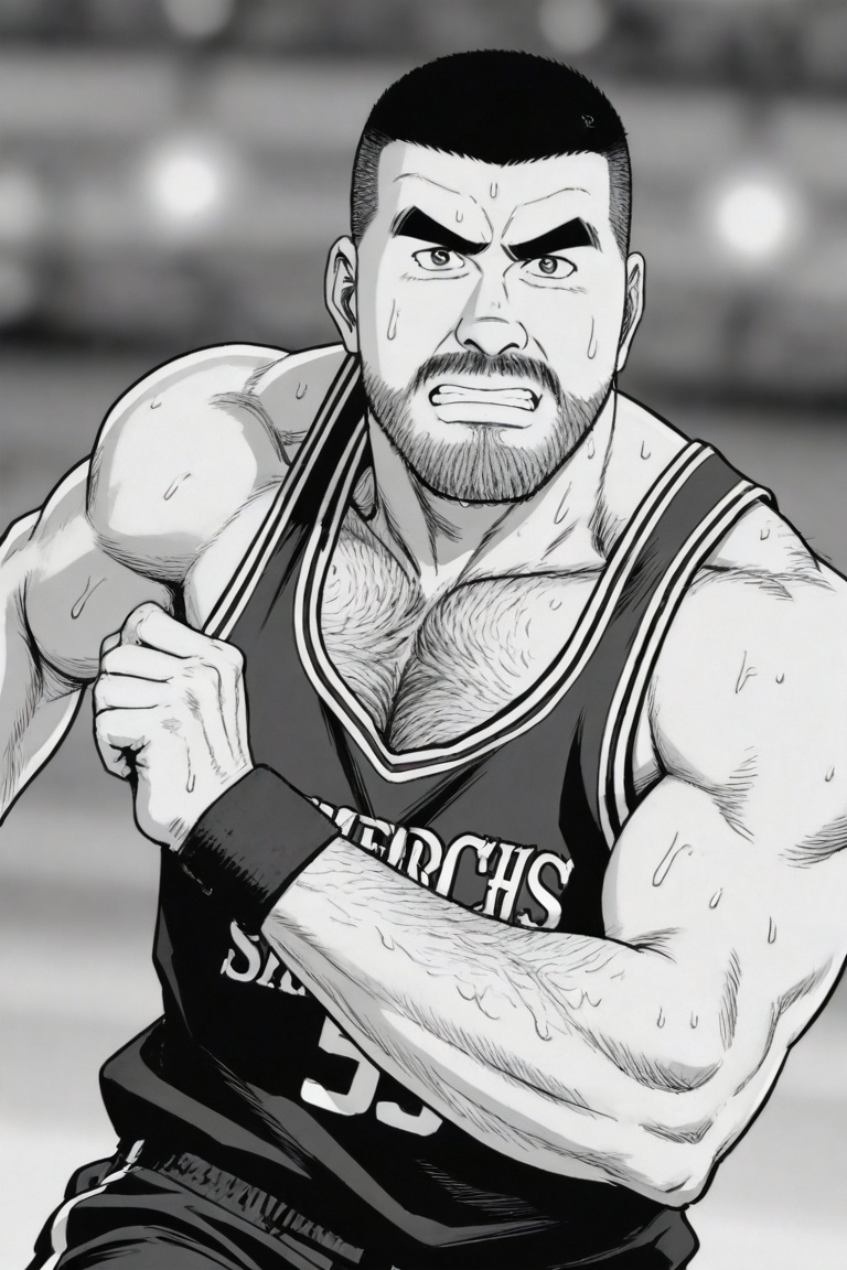 A person with a military-style crew cut is playing basketball, facial lines tense, big eyes under thick black eyebrows still exuding authority and alertness during the movement. The thick and layered beard spreads from the chin to the cheeks, with a serious expression. While running and dribbling, chest hair is faintly visible, well-developed arm muscles with thick hair exert force, a robust figure shows a strong sense of oppression and power on the court, every movement is full of strength.,tgywl,by Takame Gengorou