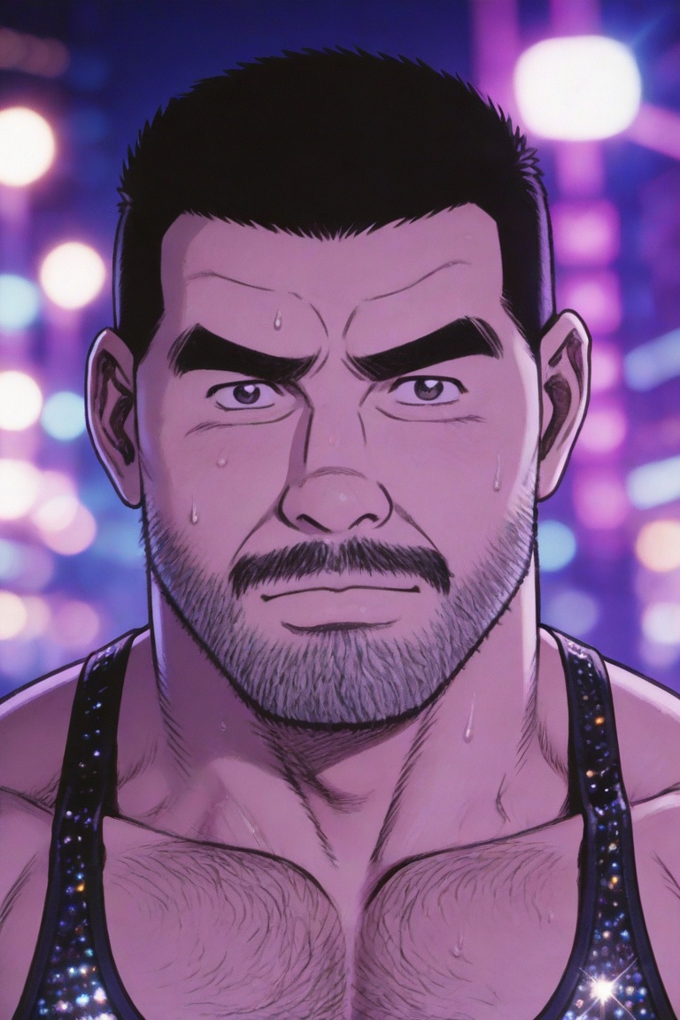 tgywl, color comics, extreme details, 4K wallpapers, highest quality, masterpiece, ultimate clarity, highest quality, masterpiece,
1man,
A middle-aged man with a tough, masculine face and neat short hair. He is shirtless, his muscles are covered with fat, but his body is tight and his muscle lines are strong. In the psychedelic blue and purple neon lights, he is looking back at the camera, his eyes full of story. He is wearing a black camisole with sequins, and the sweat on his face is blown by the wind. The background is a blurred urban night scene and flashing lights, photography, photorealistic, portrait mode, focal length 85mm, aperture f/1.4, ISO 400, background light spots melt like cream, extreme details, 4K wallpaper, film-sensitive shadow, tgywl