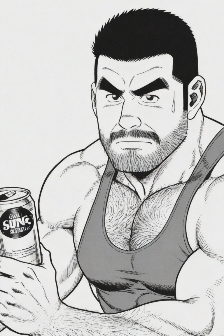 tgywl, a shirtless man with a thick beard and black hair slicked back. A man wearing a thongs, a military Asian cut, a sports vest, and swimsuits, 
highly tense face, thick black eyebrows, wide open eyes exuding authority and alertness, thick and layered beard that spreads from the chin to the cheeks, serious expression, chest hair can be faintly seen, arm muscles are well-developed with thick hair, robust figure, strong sense of oppression, sense of power and justice,