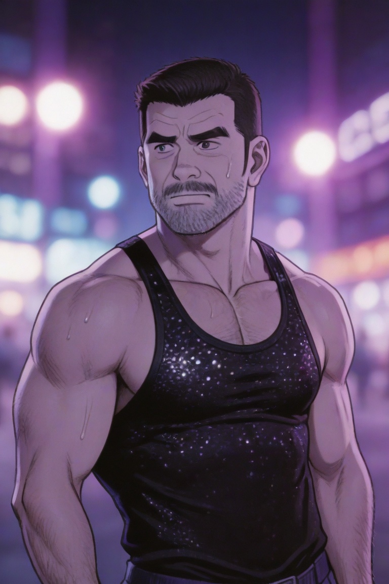 tgywl, color comics, extreme details, 4K wallpapers, highest quality, masterpiece, ultimate clarity, highest quality, masterpiece,
1man,
A middle-aged man with a tough, masculine face and neat short hair. He is shirtless, his muscles are covered with fat, but his body is tight and his muscle lines are strong. In the psychedelic blue and purple neon lights, he is looking back at the camera, his eyes full of story. He is wearing a black camisole with sequins, and the sweat on his face is blown by the wind. The background is a blurred urban night scene and flashing lights, photography, photorealistic, portrait mode, focal length 85mm, aperture f/1.4, ISO 400, background light spots melt like cream, extreme details, 4K wallpaper, film-sensitive shadow, tgywl