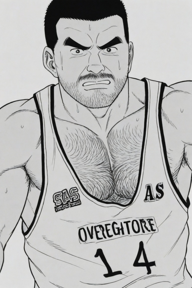 A person with a military-style crew cut is playing basketball, facial lines tense, big eyes under thick black eyebrows still exuding authority and alertness during the movement. The thick and layered beard spreads from the chin to the cheeks, with a serious expression. While running and dribbling, chest hair is faintly visible, well-developed arm muscles with thick hair exert force, a robust figure shows a strong sense of oppression and power on the court, every movement is full of strength.,tgywl,by Takame Gengorou