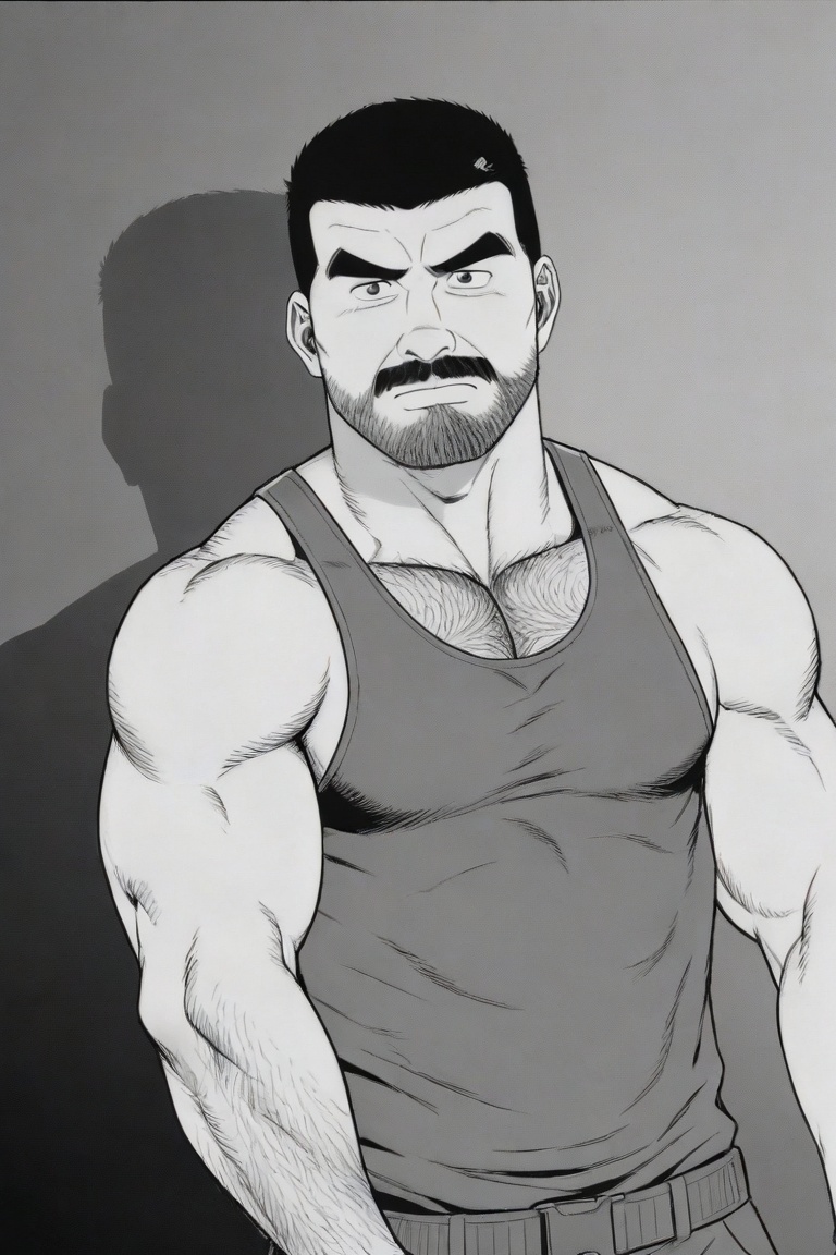 tgywl, a shirtless man with a thick beard and black hair slicked back. A man wearing a thongs, a military Asian cut, a sports vest, and swimsuits, 
highly tense face, thick black eyebrows, wide open eyes exuding authority and alertness, thick and layered beard that spreads from the chin to the cheeks, serious expression, chest hair can be faintly seen, arm muscles are well-developed with thick hair, robust figure, strong sense of oppression, sense of power and justice,