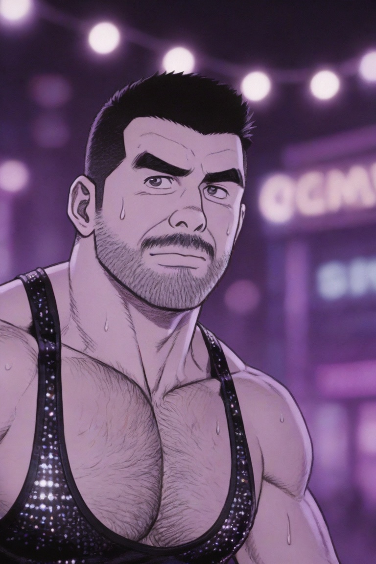 tgywl, color comics, extreme details, 4K wallpapers, highest quality, masterpiece, ultimate clarity, highest quality, masterpiece,
1man,
A middle-aged man with a tough, masculine face and neat short hair. He is shirtless, his muscles are covered with fat, but his body is tight and his muscle lines are strong. In the psychedelic blue and purple neon lights, he is looking back at the camera, his eyes full of story. He is wearing a black camisole with sequins, and the sweat on his face is blown by the wind. The background is a blurred urban night scene and flashing lights, photography, photorealistic, portrait mode, focal length 85mm, aperture f/1.4, ISO 400, background light spots melt like cream, extreme details, 4K wallpaper, film-sensitive shadow, tgywl