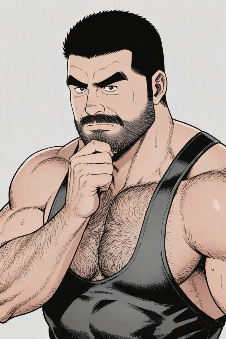 tgywl, a shirtless man with a thick beard and black hair slicked back. A man wearing a thongs, a military Asian cut, a sports vest, and swimsuits, 
highly tense face, thick black eyebrows, wide open eyes exuding authority and alertness, thick and layered beard that spreads from the chin to the cheeks, serious expression, chest hair can be faintly seen, arm muscles are well-developed with thick hair, robust figure, strong sense of oppression, sense of power and justice,
