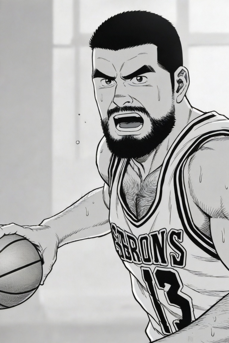 A person with a military-style crew cut is playing basketball, facial lines tense, big eyes under thick black eyebrows still exuding authority and alertness during the movement. The thick and layered beard spreads from the chin to the cheeks, with a serious expression. While running and dribbling, chest hair is faintly visible, well-developed arm muscles with thick hair exert force, a robust figure shows a strong sense of oppression and power on the court, every movement is full of strength.,tgywl,by Takame Gengorou