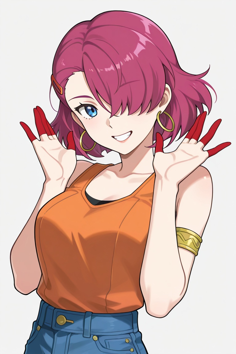 f1g3rc0ts, finger cots, red finger cots, 1girl, solo, reginapf, dark pink hair, short hair, hair over one eye, hairclip, lipstick, blue eyes, hoop earrings, orange **** top, sleeveless, yellow armlet, denim pants, upper body, hands up, smile, teeth,