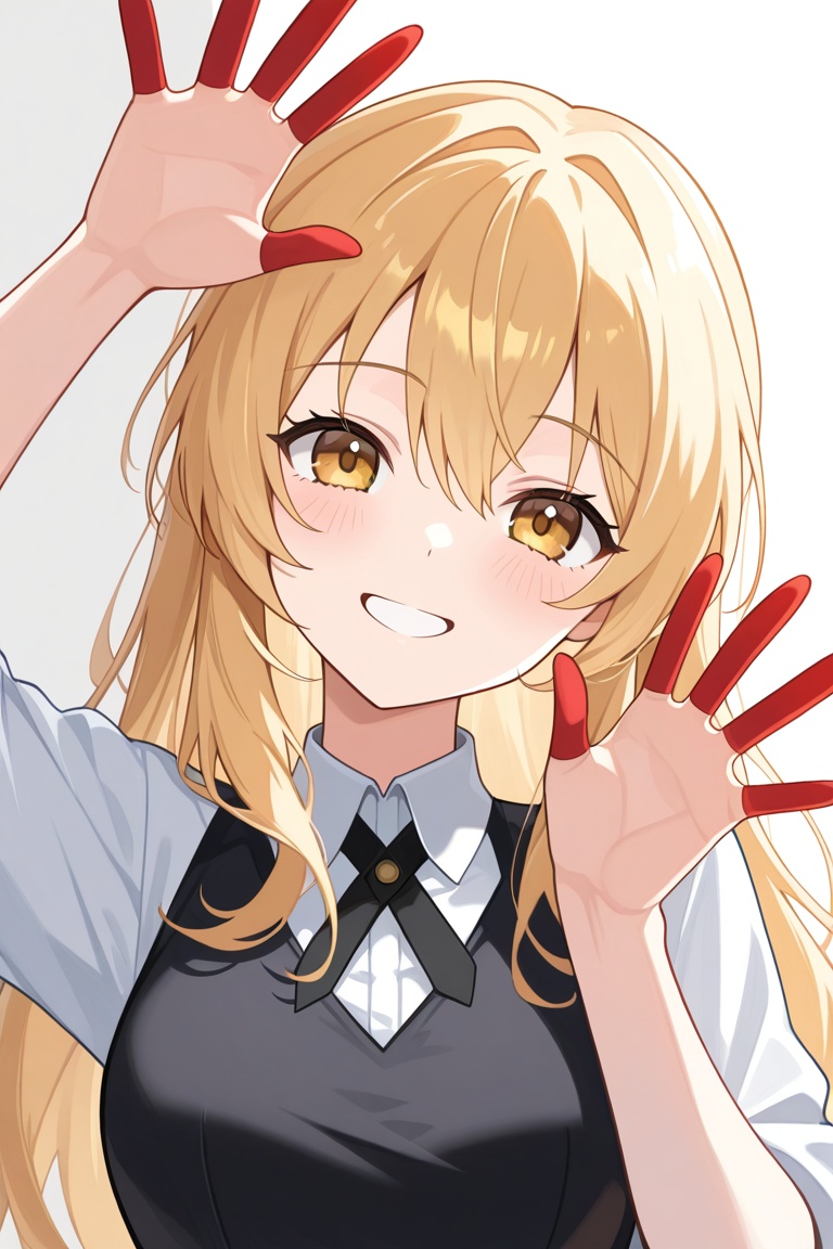 f1g3rc0ts, finger cots, red finger cots, hand up, 1girl, solo, blonde hair, smile, waving, upper body,