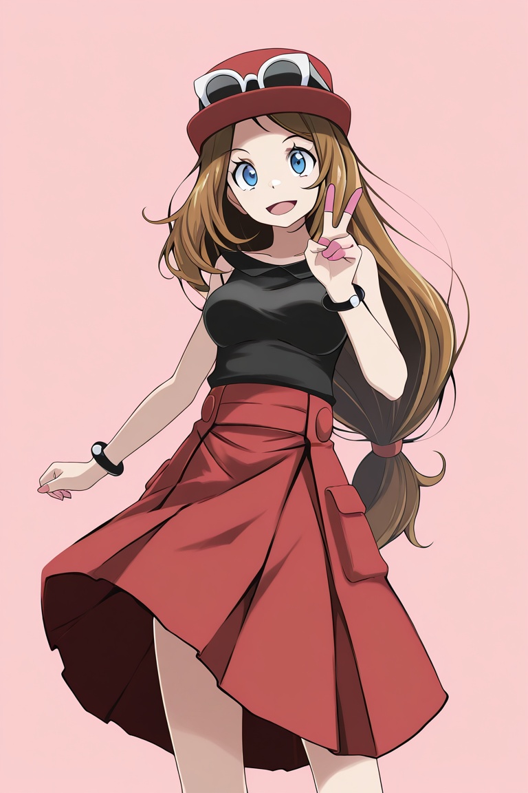 f1g3rc0ts, finger cots, pink finger cots, 1girl, solo, xyserenatsukishiro, brown hair, very long hair, low-tied long hair, straight hair, hat, eyewear on headwear, blue eyes, sleeveless shirt, high-waist skirt, bracelet, simple background, v, open mouth, smile,