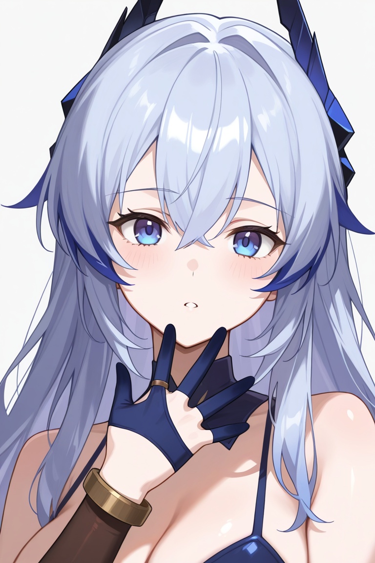 f1g3rc0ts, finger cots, dark blue finger cots, 1girl, solo, brown hand, upper body, parted lips,