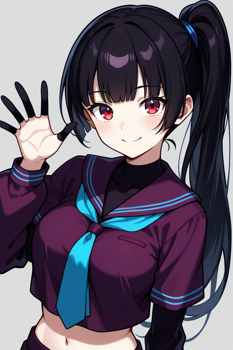 f1g3rc0ts, finger cots, black finger cots, miukurokof, 1girl, solo, black hair, long hair, blunt bangs, side ponytail, red eyes, medium breasts, purple shirt, black shirt, layered shirt, short over long sleeves, midriff, purple sailor collar, blue necktie, upper body, smile, waving, looking at viewer,