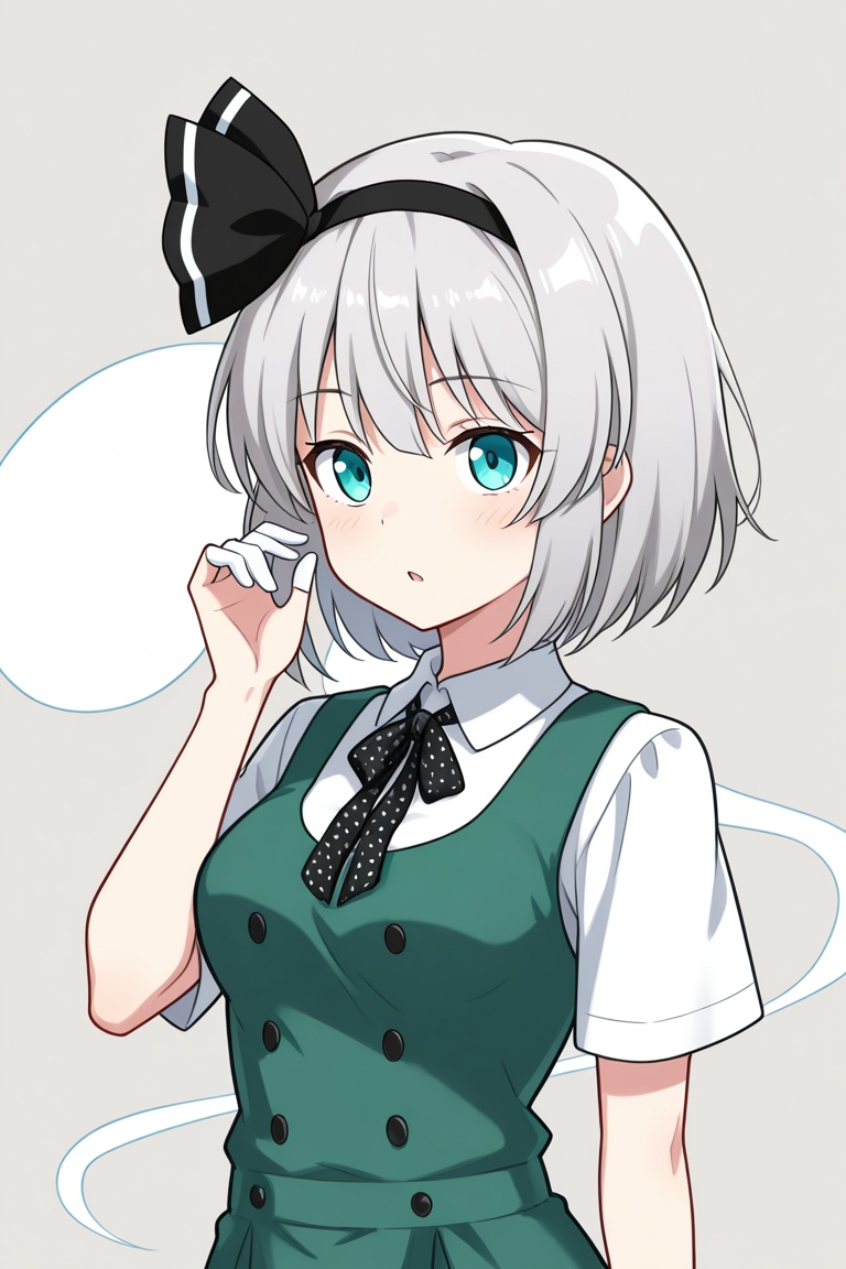 f1g3rc0ts, finger cots, white finger cots, yshimaoutfit, 1girl, solo, hairband, hair bow, black bow, grey hair, short hair, aqua eyes, medium breasts, collared shirt, short sleeves, polka dot neck ribbon, green dress, short dress, buttons, hitodama, upper body, hand to hair, parted lips,