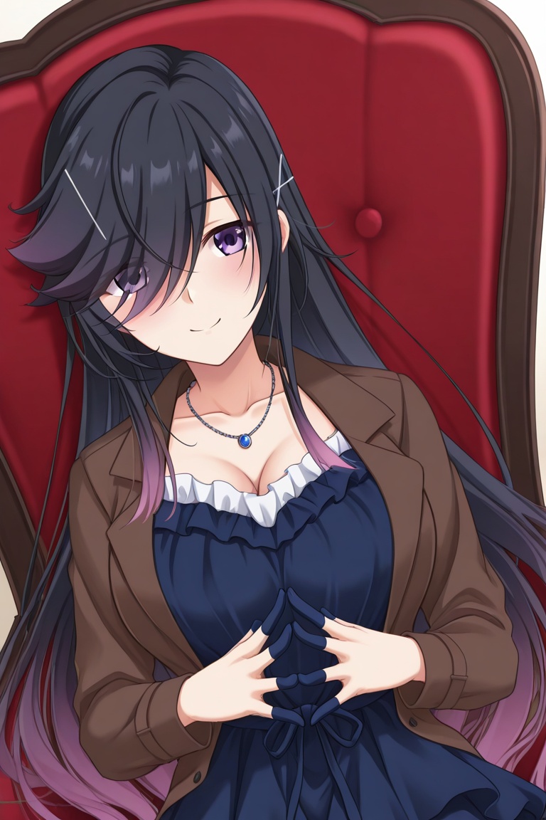 f1g3rc0ts, finger cots, dark blue finger cots, 1girl, solo, tmkjuriilus, black hair, pink hair, gradient hair, very long hair, swept bangs, hair over one eye, eyes visible through hair, purple eyes, large breasts, hair ornament, brown jacket, open jacket, necklace, dark blue dress, layered dress, dress ribbon, sitting, chair, steepled fingers, smile, upper body,