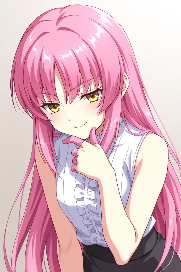 f1g3rc0ts, finger cots, pink finger cots, 1girl, solo, rinreionyouilus, pink hair, very long hair, hair down, sidelocks, yellow eyes, white shirt, sleeveless, black skirt, pencil skirt, upper body, stroking own chin, smug, smile,