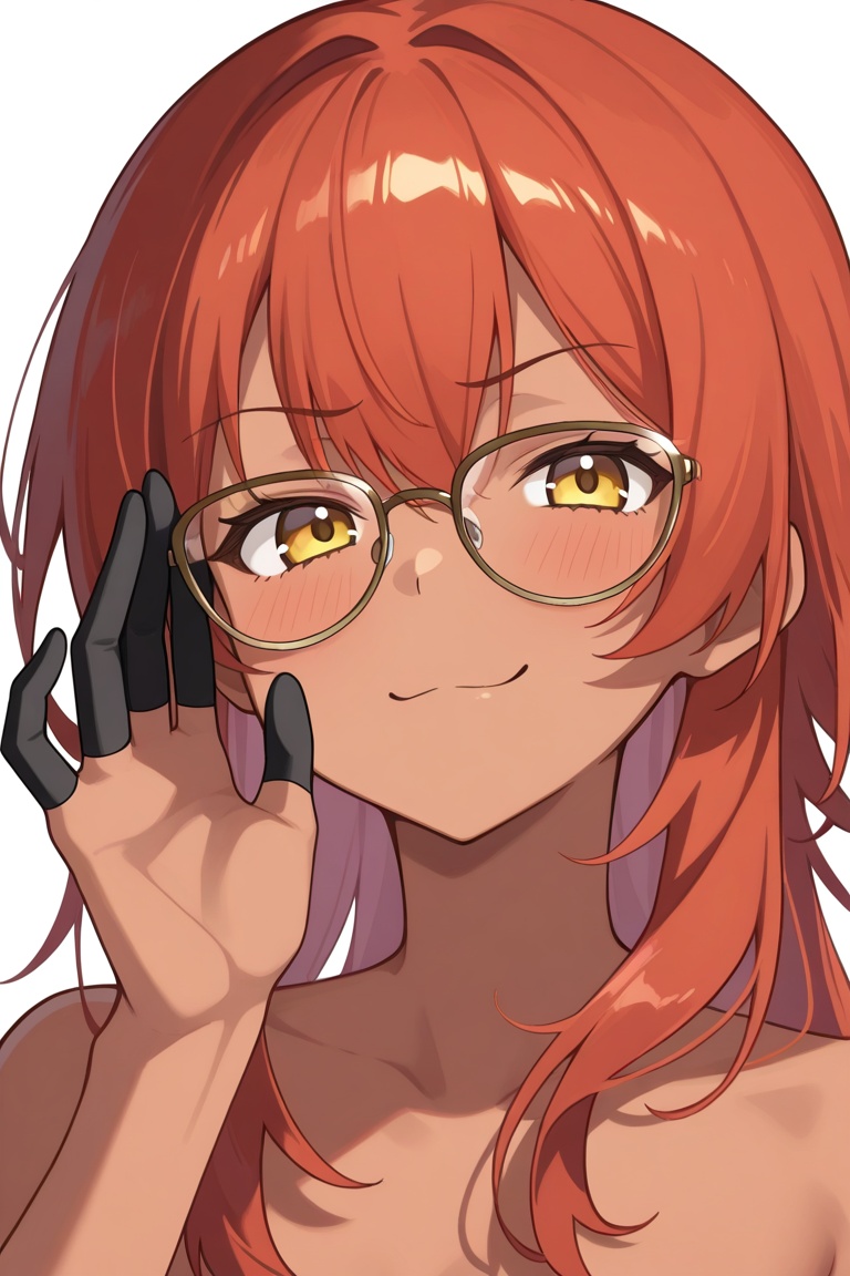 f1g3rc0ts, finger cots, black finger cots, adjusting eyewear, 1girl, solo, dark-skinned female, portrait, smug,