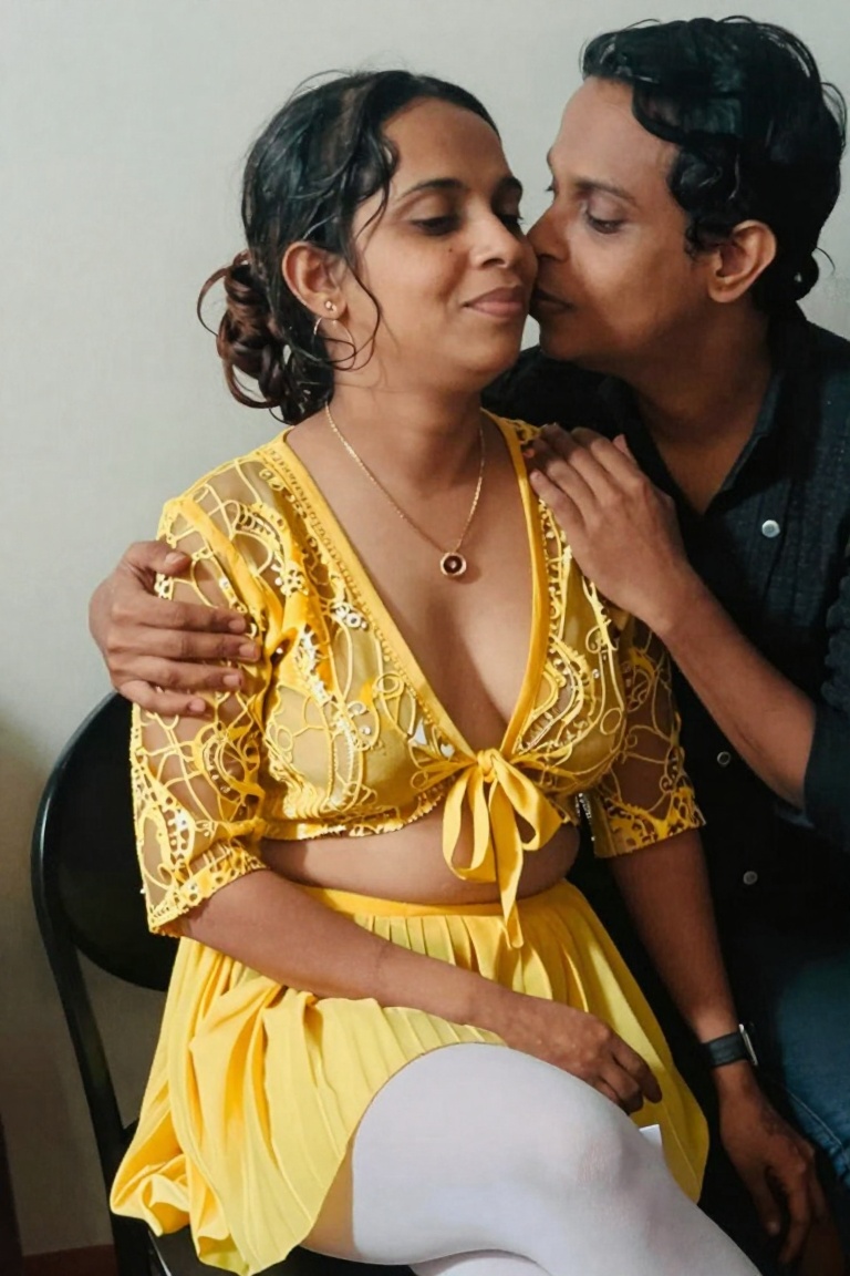 1girl ,  tamil girl,  wears yellow lace_tie_top sheer lace top tie front blouse transparent fabric cropped top elegant on...