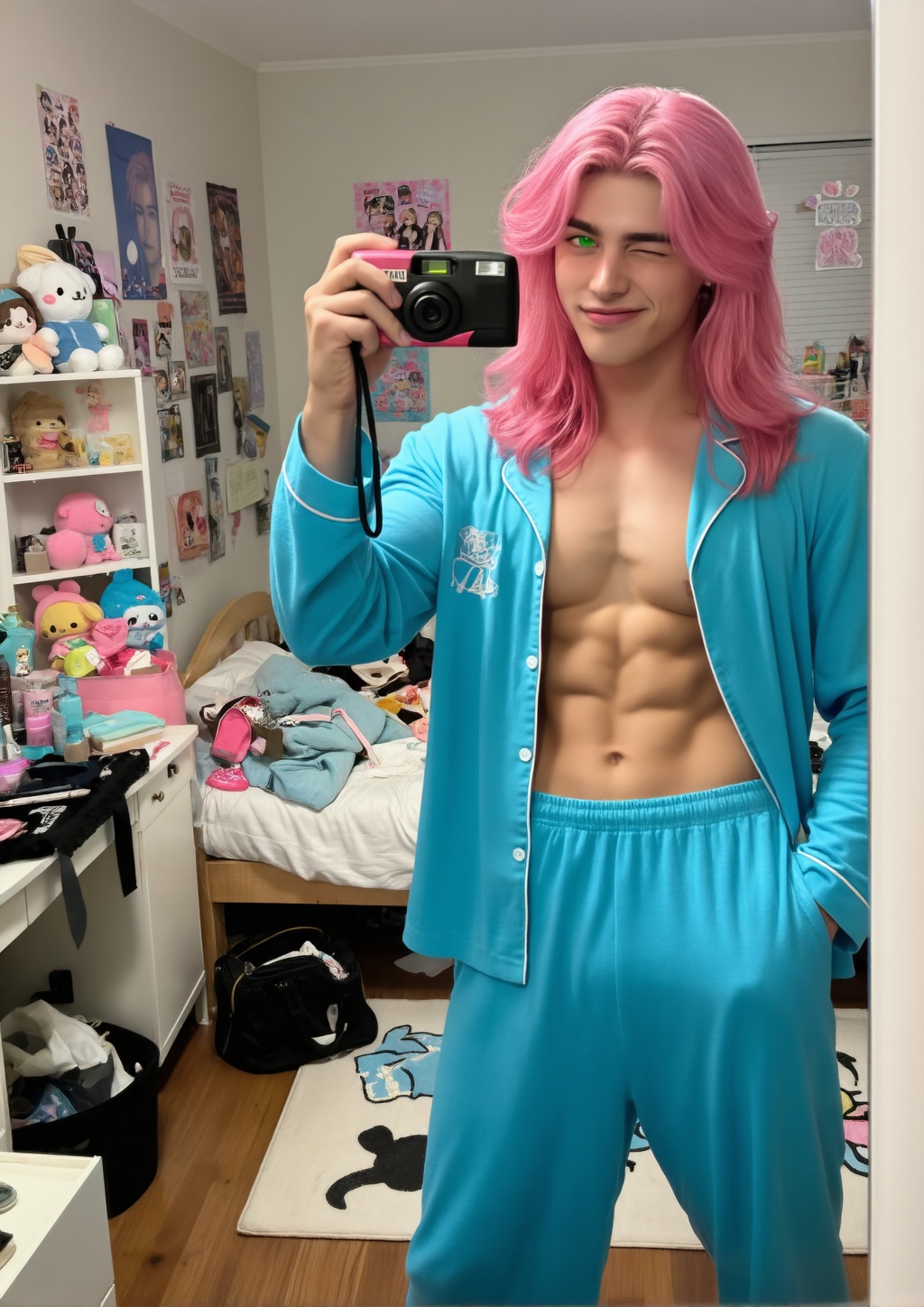 A petite boy with long hair in a bright pink,  eyes are green,  he's taking a picture in a disposable camera in front of a...