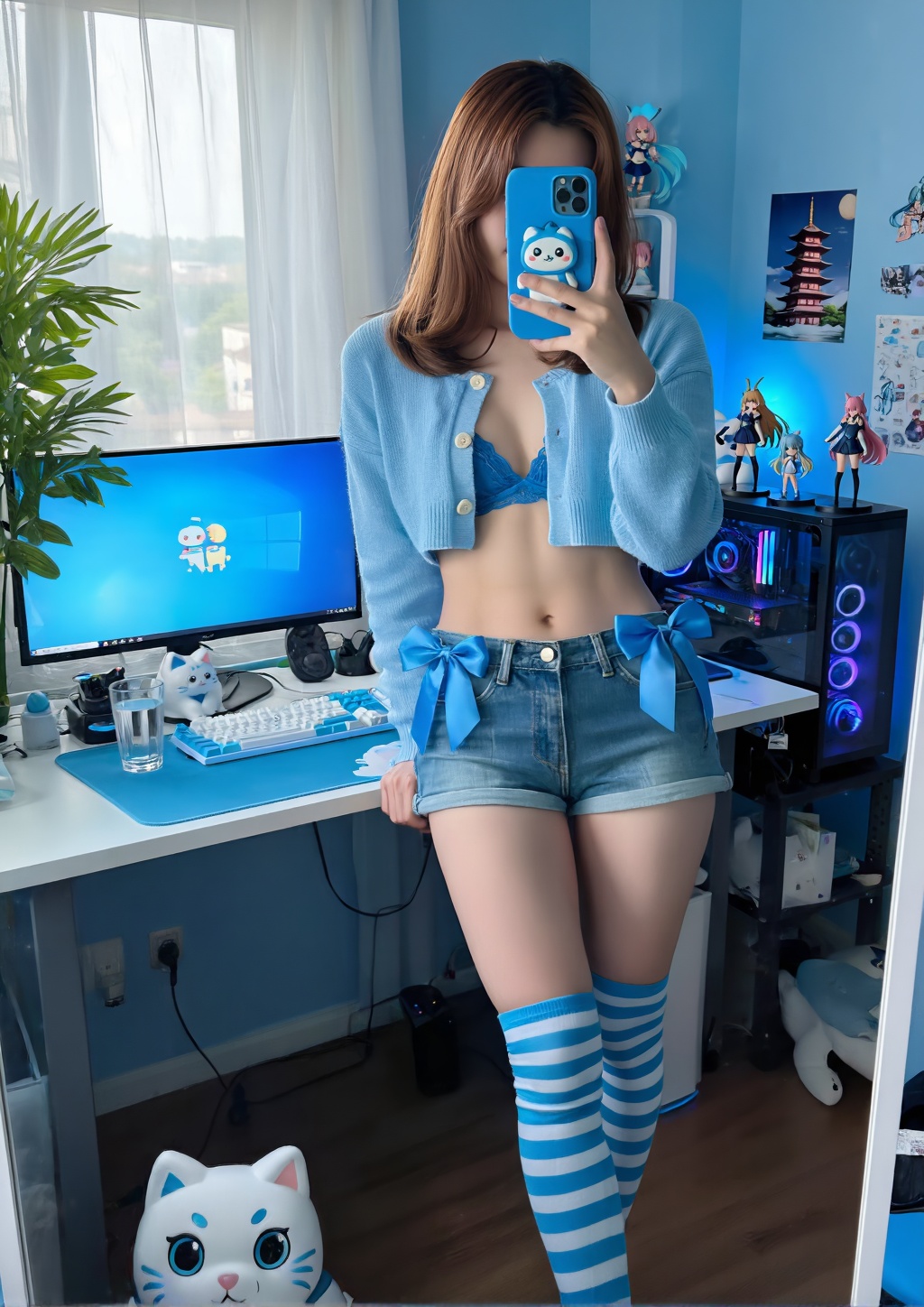 ### Scene Mirror selfie in an otaku-style computer corner,  blue color tone. ### Subject * Gender expression: male * Age:...