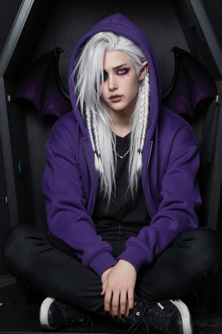 a half-body image of a 1boy with bat wings,  black nails,  ear piercing on Tensor.Art
