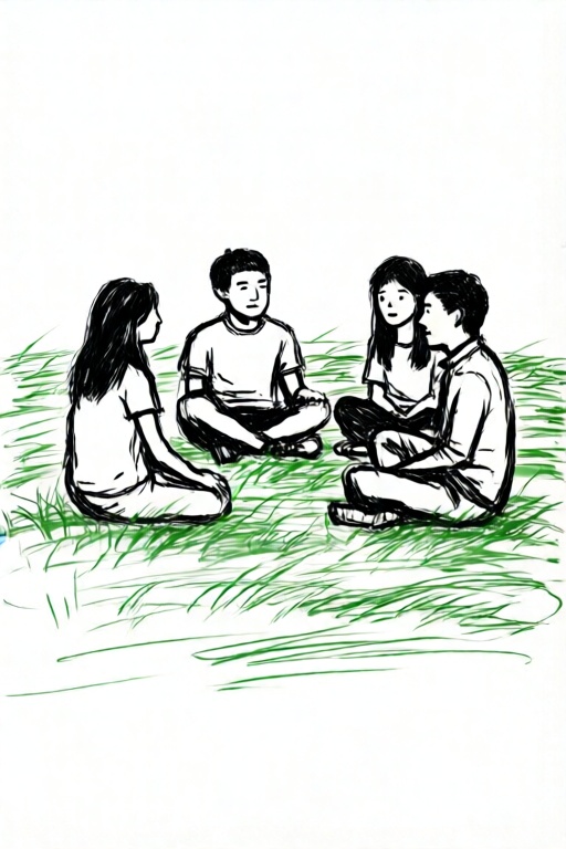 hmcat,  自己和另外5个人在公园草地上聚餐,  手绘风格 by 幻喵 on Tensor.Art