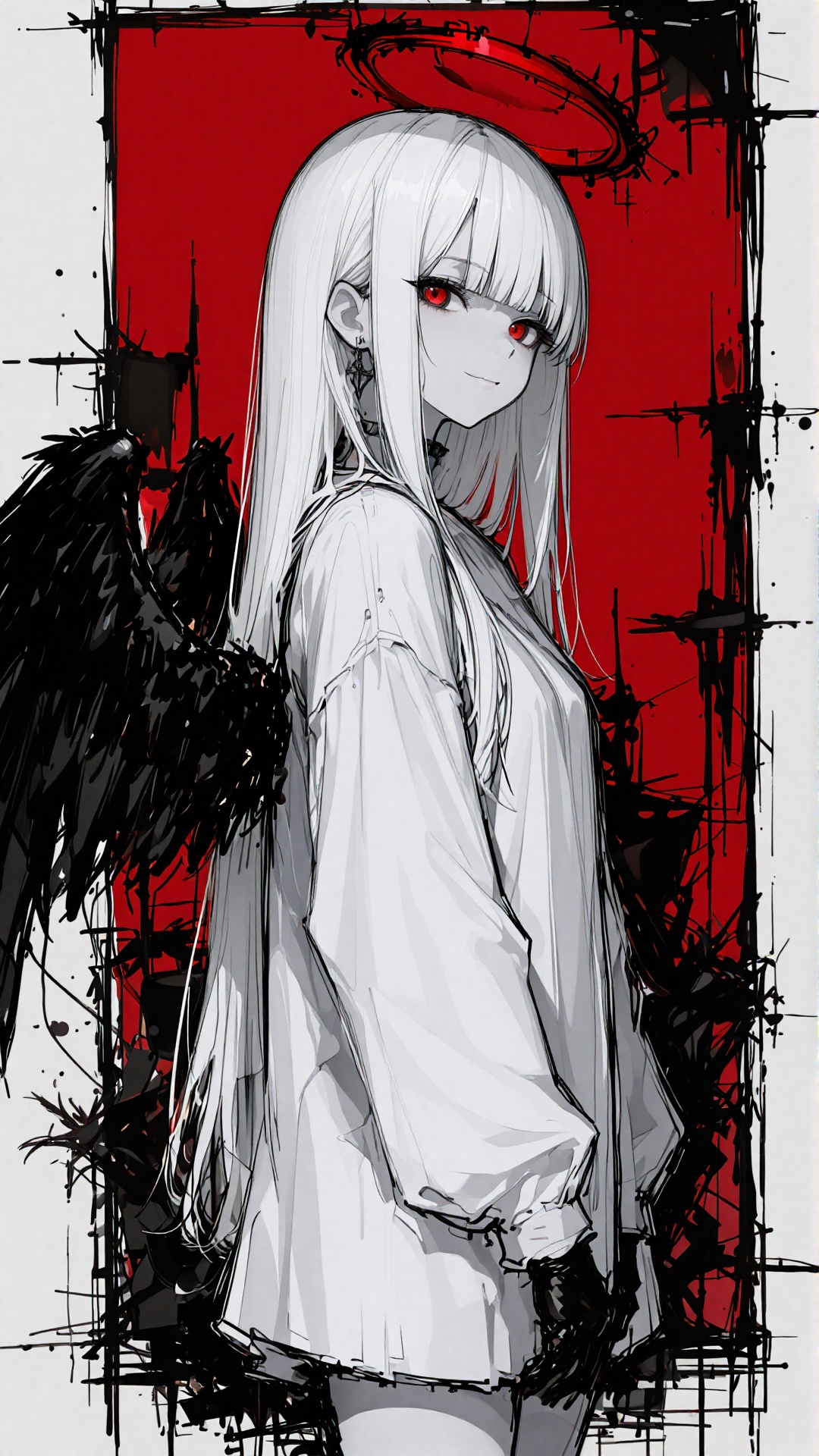 This digital drawing features an anime-style character with long,  straight white hair and striking red eyes. She has a pa...