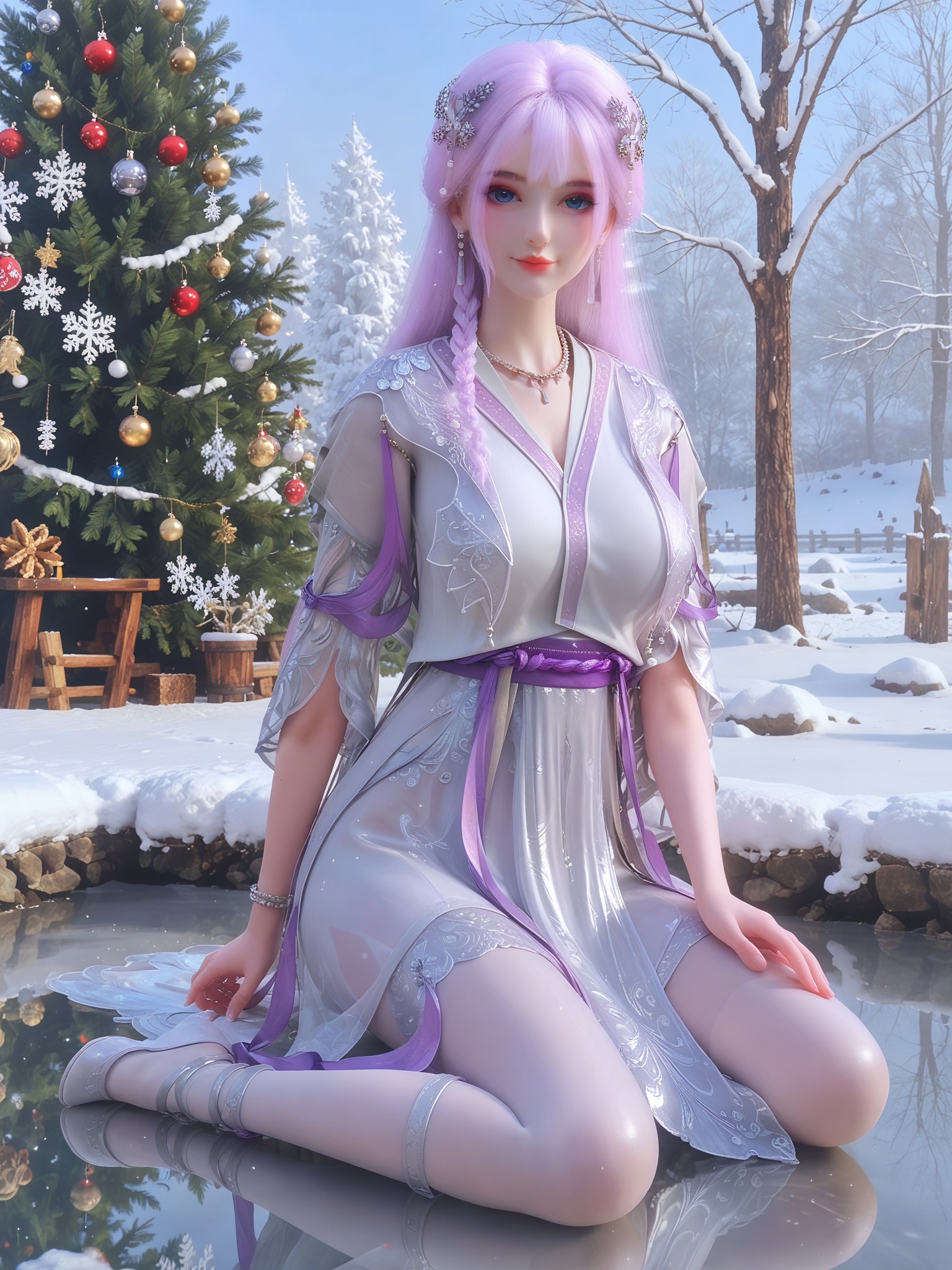 score_9,score_8_up,score_7_up,masterpiece,(best quality),(intricate details:0.9) BREAK (intricate details:0.9),(realistic skin:1.2),masterpiece,best quality,newest,absurdres,hiahres,1girl,jewelry,hair ornament,dress,necklace,lips,eyeshadow,bracelet,tassel,(8k ultra-clear, pony style),photo pose 0.6, micro-expression: soft smile 0.3, half-body + medium shot 0.7,1girl,looking_at_viewer,1boy,hair,realistic,photorealistic,Vivid Colors,bright environment,shiny skin,shiny hairjewelry,detail eyes,Eyes highlights,glowing,sunshine,bright,reflection,bright,sunshine on face,shiny,shinny,petite,thin,leg slimming,lose weight,slim hips,lakeside,delicate water,reflection,(full body:1.2)sitting_down,eyelashes,snow,Winter,Snowy landscape,Snow accumulation,Christmas tree,(huge breasts:1),thighhighs,