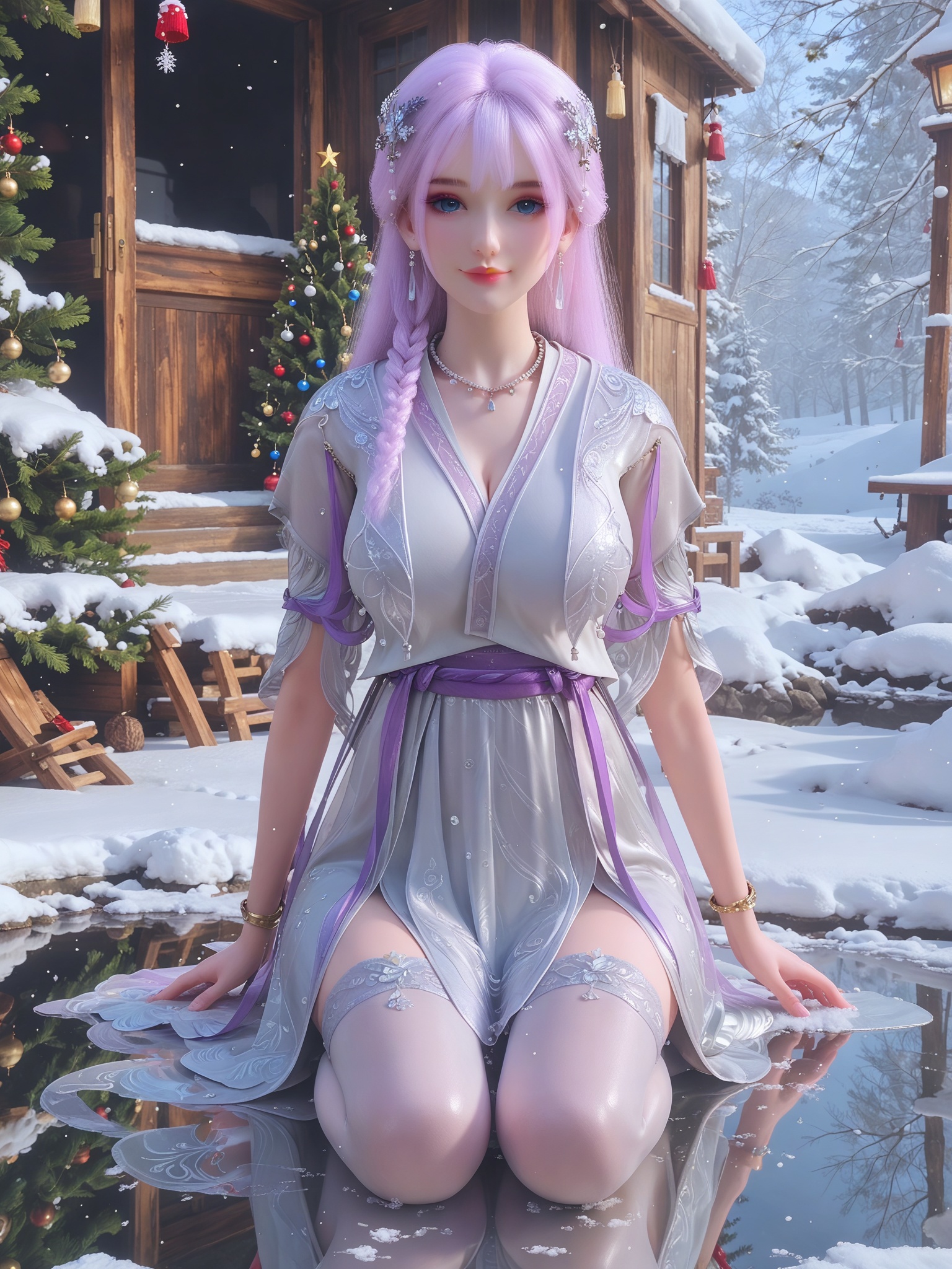 score_9,score_8_up,score_7_up,masterpiece,(best quality),(intricate details:0.9) BREAK (intricate details:0.9),(realistic skin:1.2),masterpiece,best quality,newest,absurdres,hiahres,1girl,jewelry,hair ornament,dress,necklace,lips,eyeshadow,bracelet,tassel,(8k ultra-clear, pony style),photo pose 0.6, micro-expression: soft smile 0.3, half-body + medium shot 0.7,1girl,looking_at_viewer,1boy,hair,realistic,photorealistic,Vivid Colors,bright environment,shiny skin,shiny hairjewelry,detail eyes,Eyes highlights,glowing,sunshine,bright,reflection,bright,sunshine on face,shiny,shinny,petite,thin,leg slimming,lose weight,slim hips,lakeside,delicate water,reflection,(full body:1.2)sitting_down,eyelashes,snow,Winter,Snowy landscape,Snow accumulation,Christmas tree,(huge breasts:1),thighhighs,