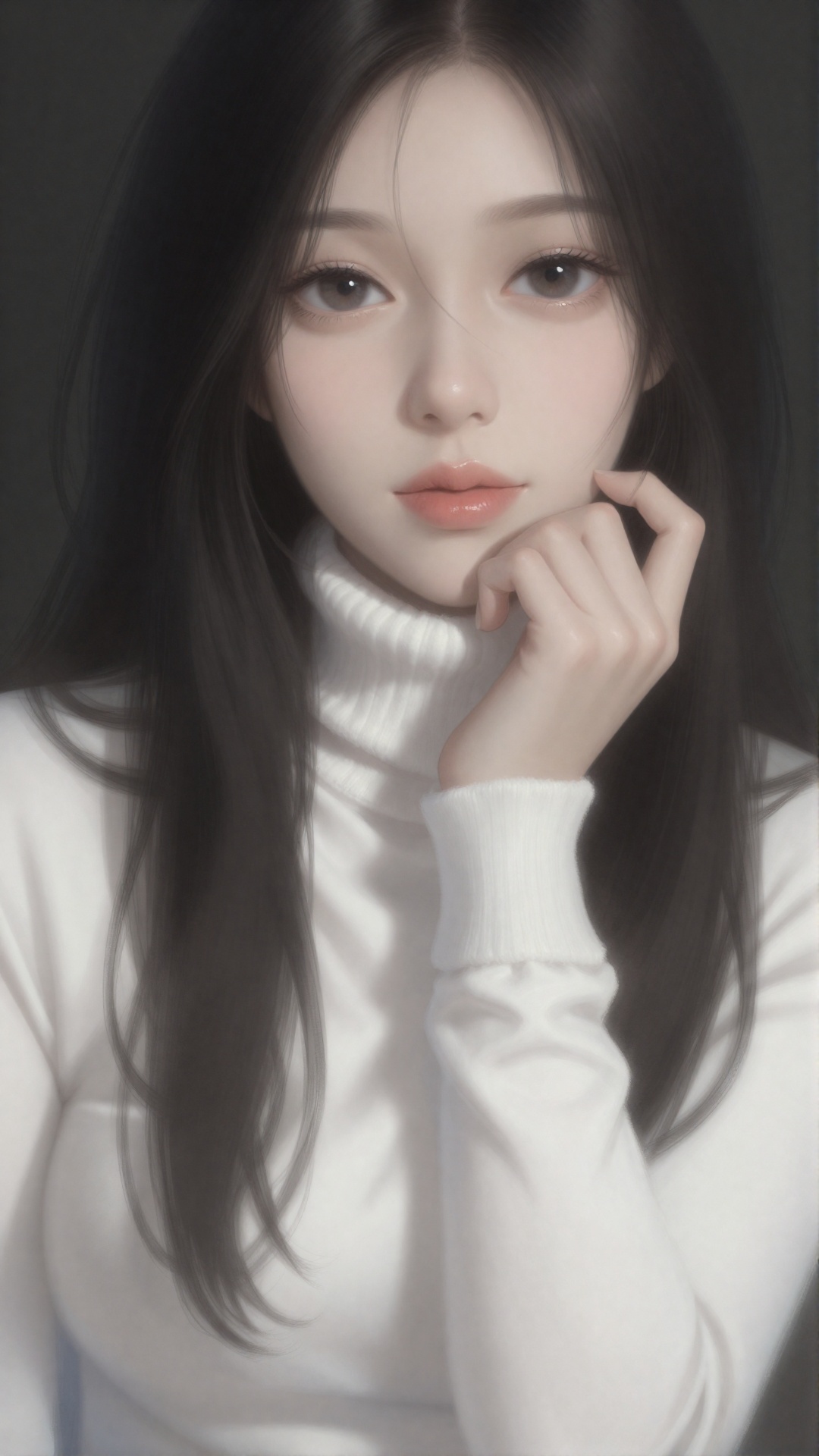 This is a digital painting of a young Asian woman with pale skin and large,  expressive brown eyes. She has long,  straigh...