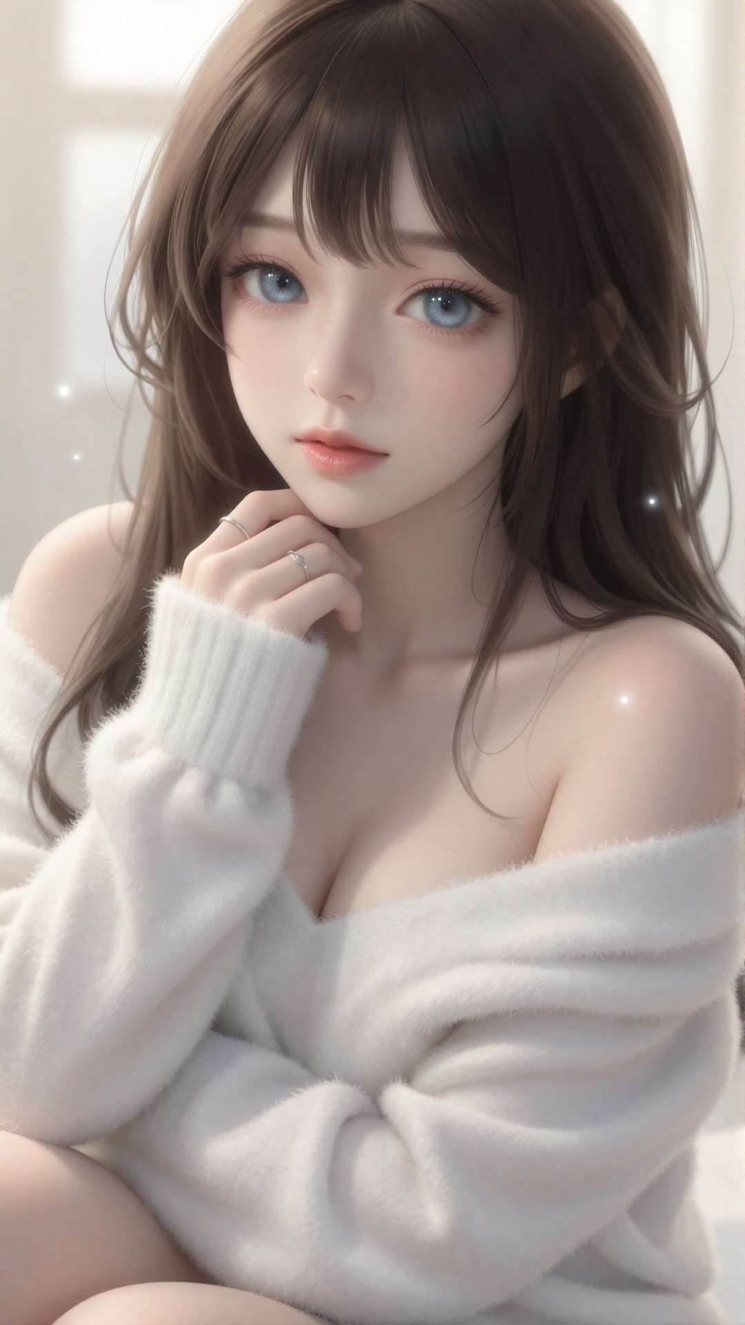 This is a digital anime-style portrait of a young woman with fair skin,  large blue eyes,  and long by Dragon God on Tenso...