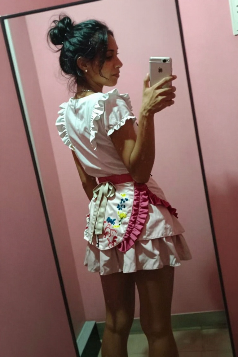 An artistic top angle mirror selfie shot of a full body black hair girl captured in house light pink wall settings. black...