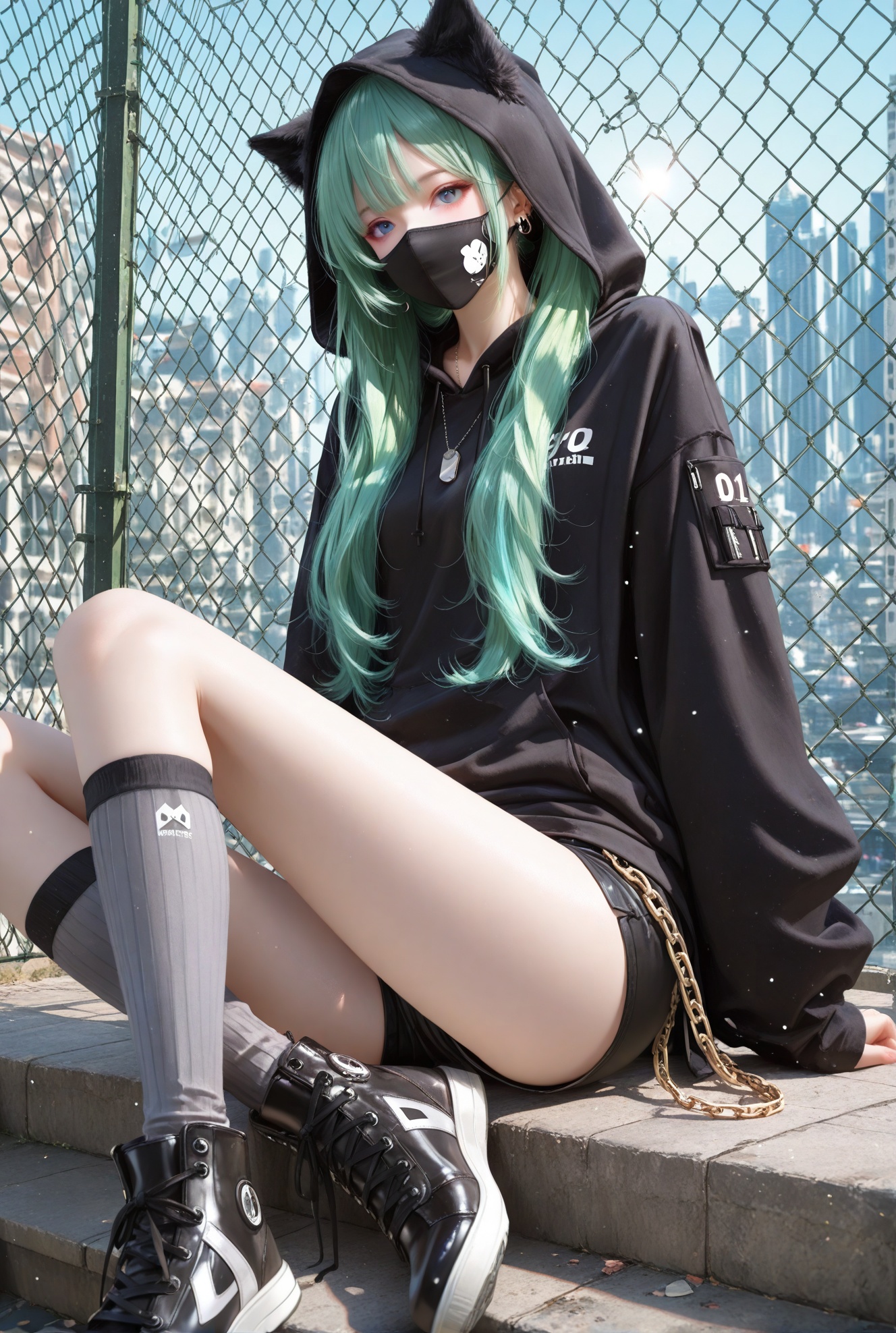 atnr,depth of field,light particles,lens flare,(wlop:0.6),(wanke:0.6),
This is a highly detailed digital illustration of Hatsune Miku with long,flowing green hair and piercing blue eyes. She is wearing a black hoodie,black shorts,and knee-high black socks with black sneakers. Her face is partially covered by a green mask. She is sitting on a ledge with a cityscape in the background. The art style is realistic with a focus on shading and texture,giving it a 3D effect.,
solo,blue_eyes,very long hair,mouth_mask,sitting,looking_at_viewer,shorts,shoes,hood_up,kneehighs,outdoors,jacket,black_footwear,sneakers,blurry,socks,grey_legwear,black_shorts,long_sleeves,blurry_background,bangs,hoodie,short_shorts,black_jacket,hooded_jacket,thighs,depth_of_field,building,dog_tags,black_legwear,day,chain-link_fence,
extreme aesthetic,masterpiece,best quality,newest,very aesthetic,absurdres,Visual impact,A shot with tension,ultra-high resolution,32K UHD,