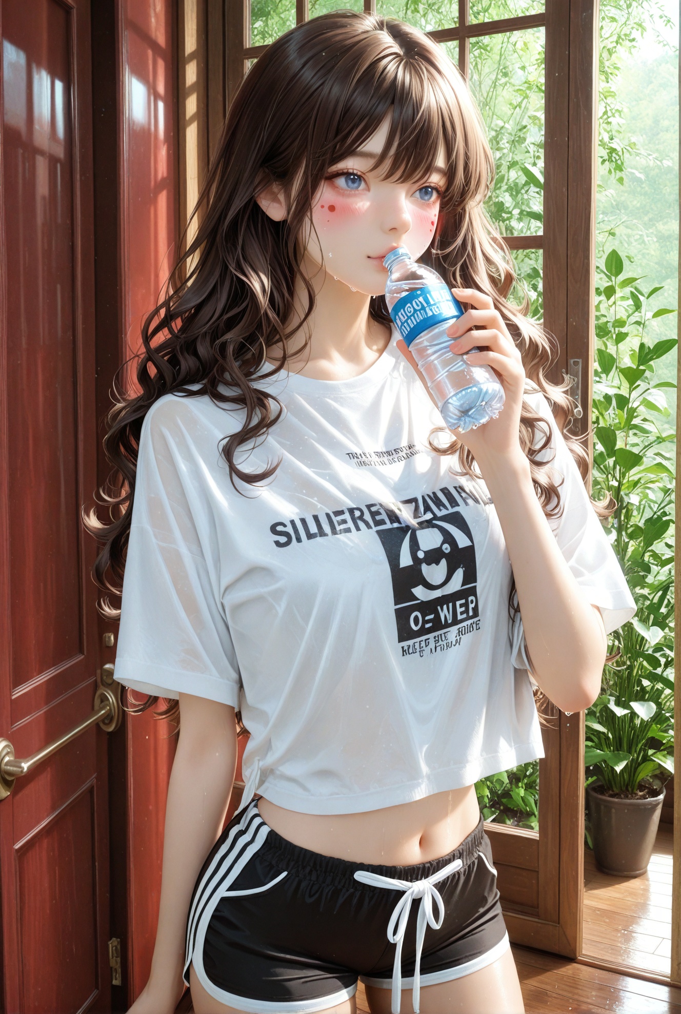 anime girl,anime girl,long dark brown wavy hair,bright light blue eyes,subtle blush on cheeks,relaxed lazy expression,half-body portrait; posture: one hand holding a transparent blue plastic water bottle (drinking),the other hand touching hair; wearing a white cropped T-shirt (with red "CREW" text printed on the chest),black sports shorts (with white waistband & drawstring),casual sportswear style; indoor setting (near glass sliding door),blurred green outdoor plants visible through the door,bright soft natural daylight (sunlight filtering in),wooden floor & metal door frame in the background; photorealistic anime style,high detail (clothing fabric texture, skin texture, water bottle transparency),smooth shading,vivid natural color tones,8k resolution,clear focus on the character,