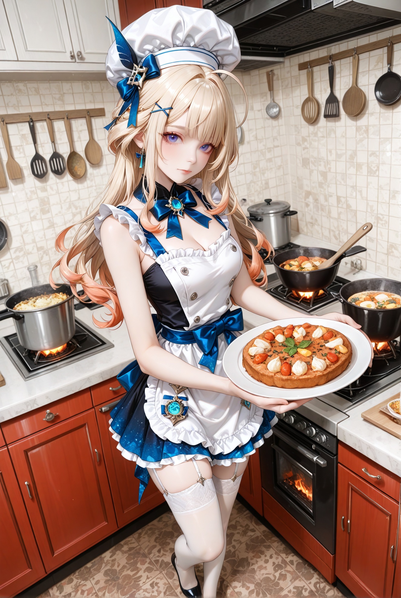 escoffier \(genshin impact\),O,ultra detailed anime texture,1girl, solo, blonde hair, long hair, plate, thighhighs, blue eyes, breasts, white thighhighs, kitchen, food, hair ornament, looking at viewer, hat, holding plate, holding, x hair ornament, ahoge, cleavage, garter straps, standing, chef hat, bow, indoors, stove, bangs, white headwear, closed mouth, dress, full body, hairclip, cooking, medium breasts, apron, sleeveless, skirt, frills,escoffier  \(genshin impact\),Depth of field,extreme aesthetics,masterpiece,best quality,ultra high definition,32K resolution,sharp focus,exquisite details,high-end texture,fashion photography,film perspective,rich colors,color palette,advertising style,tension composition,emotional masterpiece,mild atmosphere,latest,dynamic Dutch angle,perspective composition,magazine cover,cover,