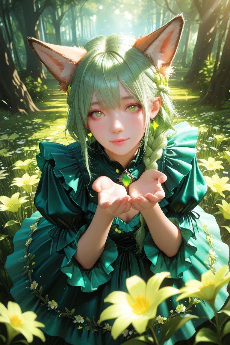 (Visual impact: 1.3), ((1 girl, solo)), golden one-sided braid, ruffled puff sleeves dress, green flower dress, playful pose, full of childhood charm and magical forest scene, cute small animals, green pupils, bright light, rich details, vivid colors, fantasy atmosphere, ///, depth of field, extreme clarity, realistic style, best quality, masterpiece, high-end texture, Unreal Engine 5 rendering, masterpiece, amazing quality, semi-realistic style, fantasy elements, high contrast, detailed shadows, perspective, depth of field, best quality, realistic human anatomy, reoan (presumed to be a specific style or creator's mark, temporarily retained in original), extreme clarity, realistic style, best quality, masterpiece, high-end texture, extreme clarity, realistic style, best quality, masterpiece, high-end texture