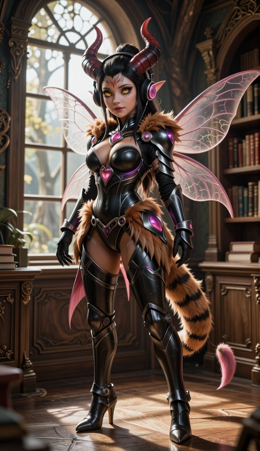 A highly detailed digital artwork of a beautiful demonic elf-like female Vexora,  standing confidently in an ornate fantas...