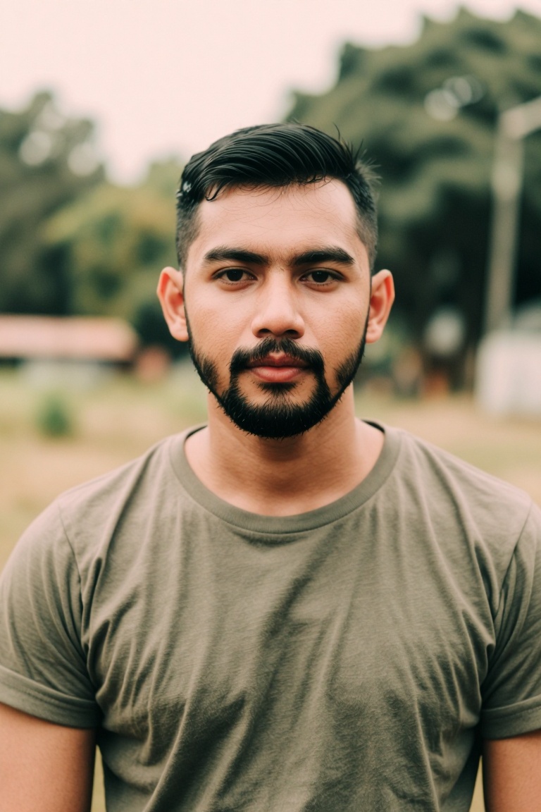 The image shows a person wearing a plain olive green t-shirt. The individual has short,  neatly styled hair and a well-gro...