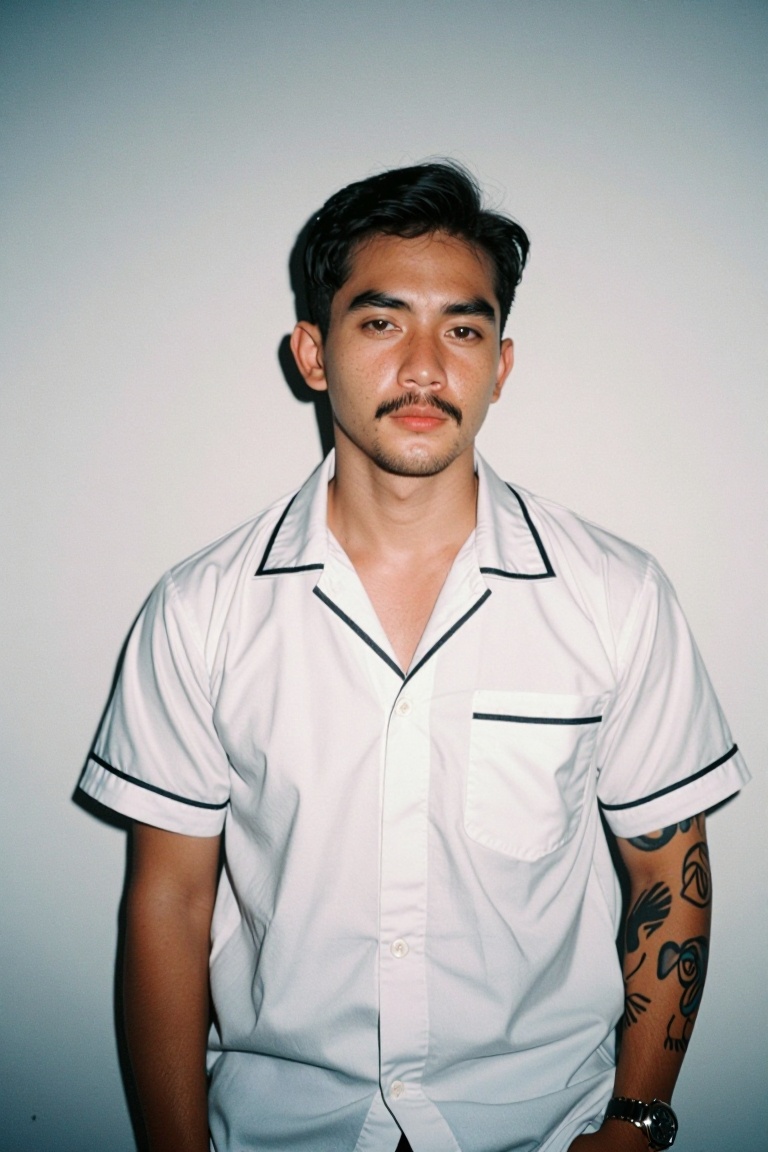 The image shows a person wearing a white,  short-sleeved shirt with black trim along the collar and edges. The shirt has a...