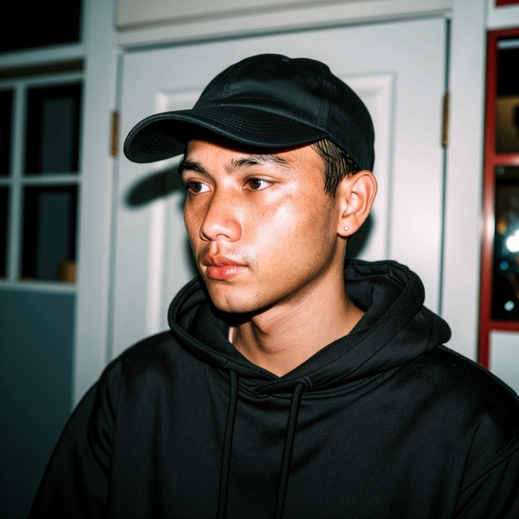The image shows a person wearing a black cap and a black hoodie. The individual has a short hairstyle and is wearing small...
